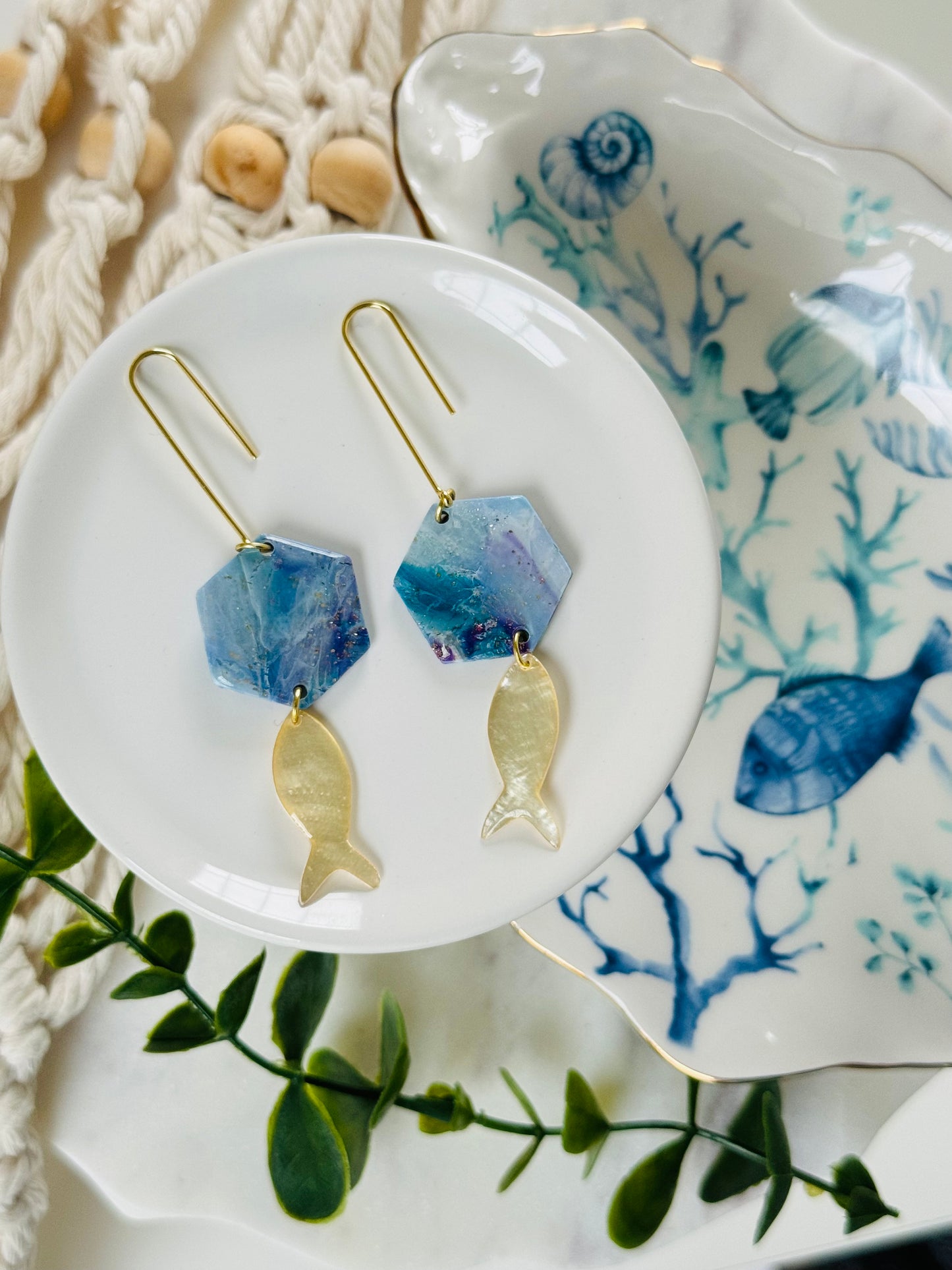 Water Agate - Periwinkle Swirl Hexagon & Fish Earring