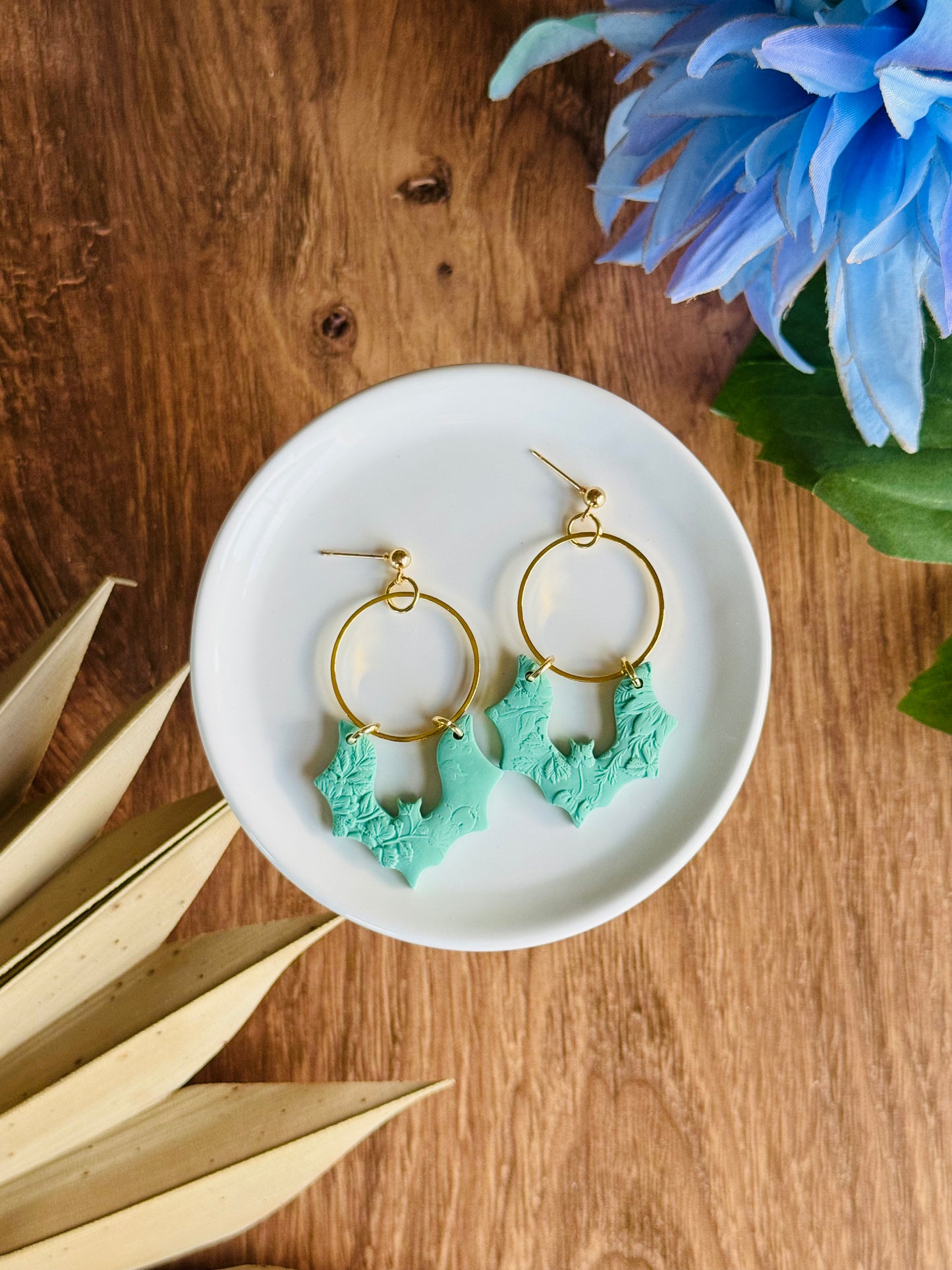 Soft & Spooky - Green Floral Texture Bat Earrings
