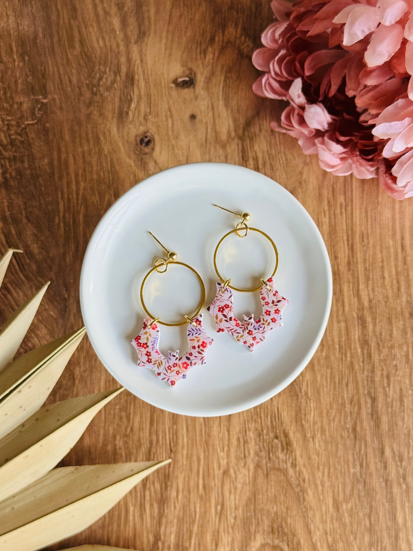 Soft & Spooky - Red Floral Bat Earrings