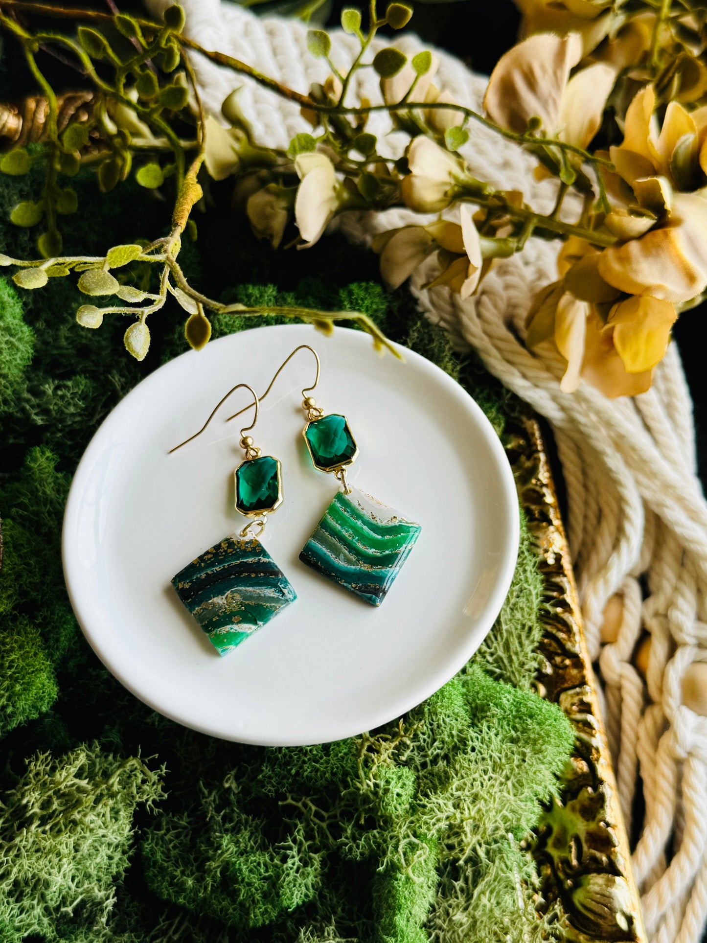 Earth Agate - Pointed Diamond Drop Earring