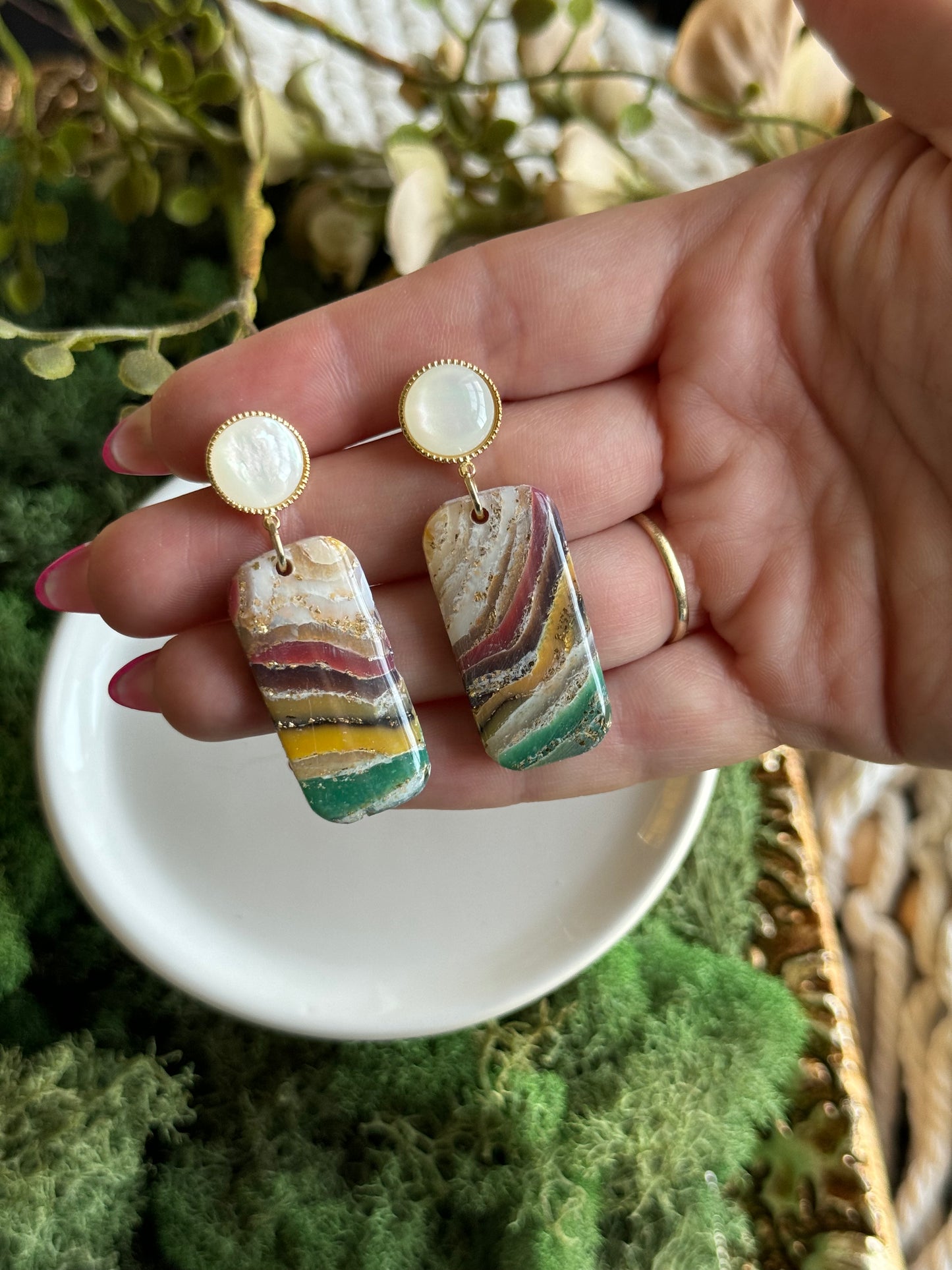 Earth Agate - Rounded Rectangle & Vintage Faux Opal