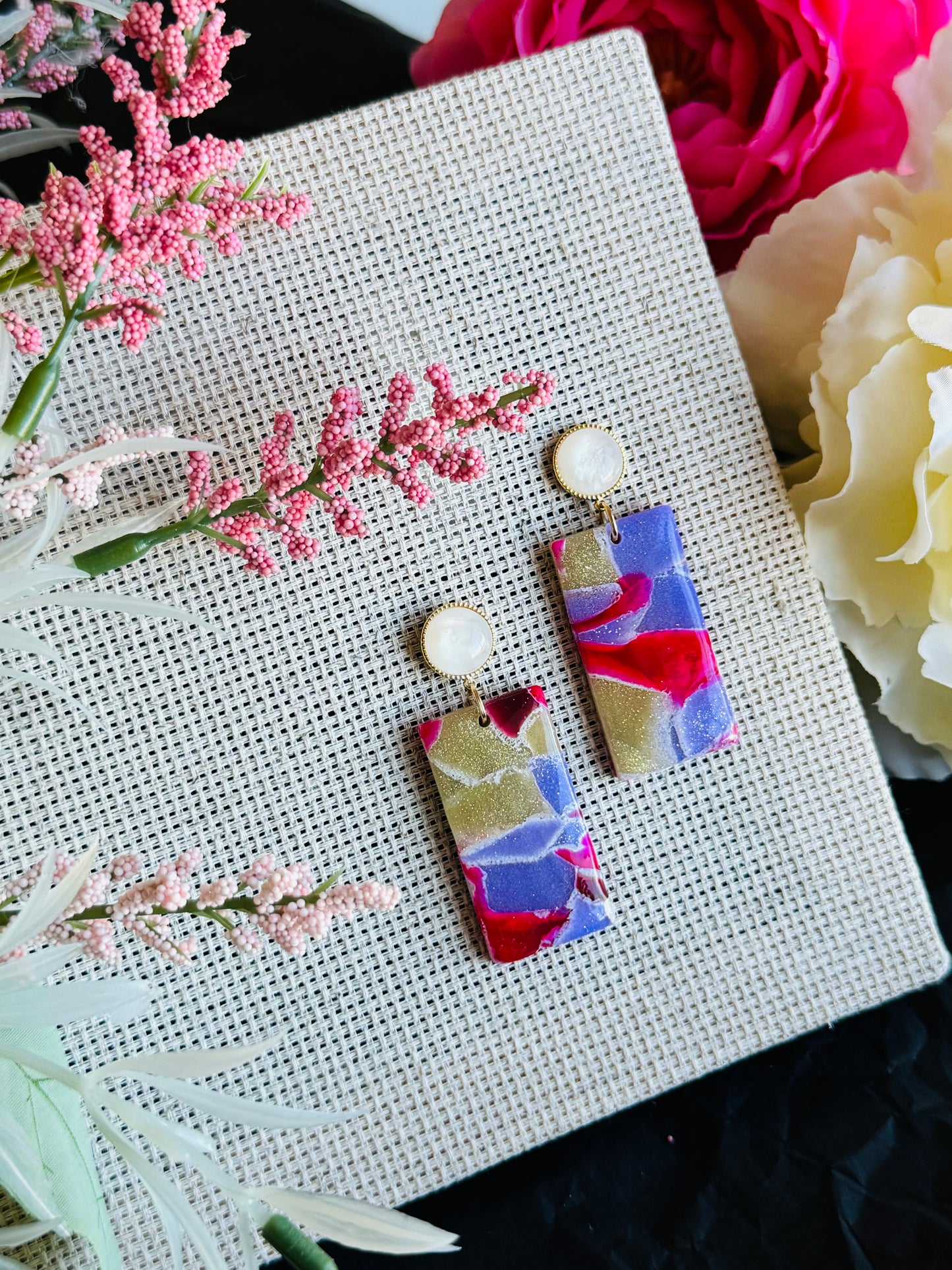 Pink & Purple Marble - Large Rectangle on Vintage "Opal" Charm