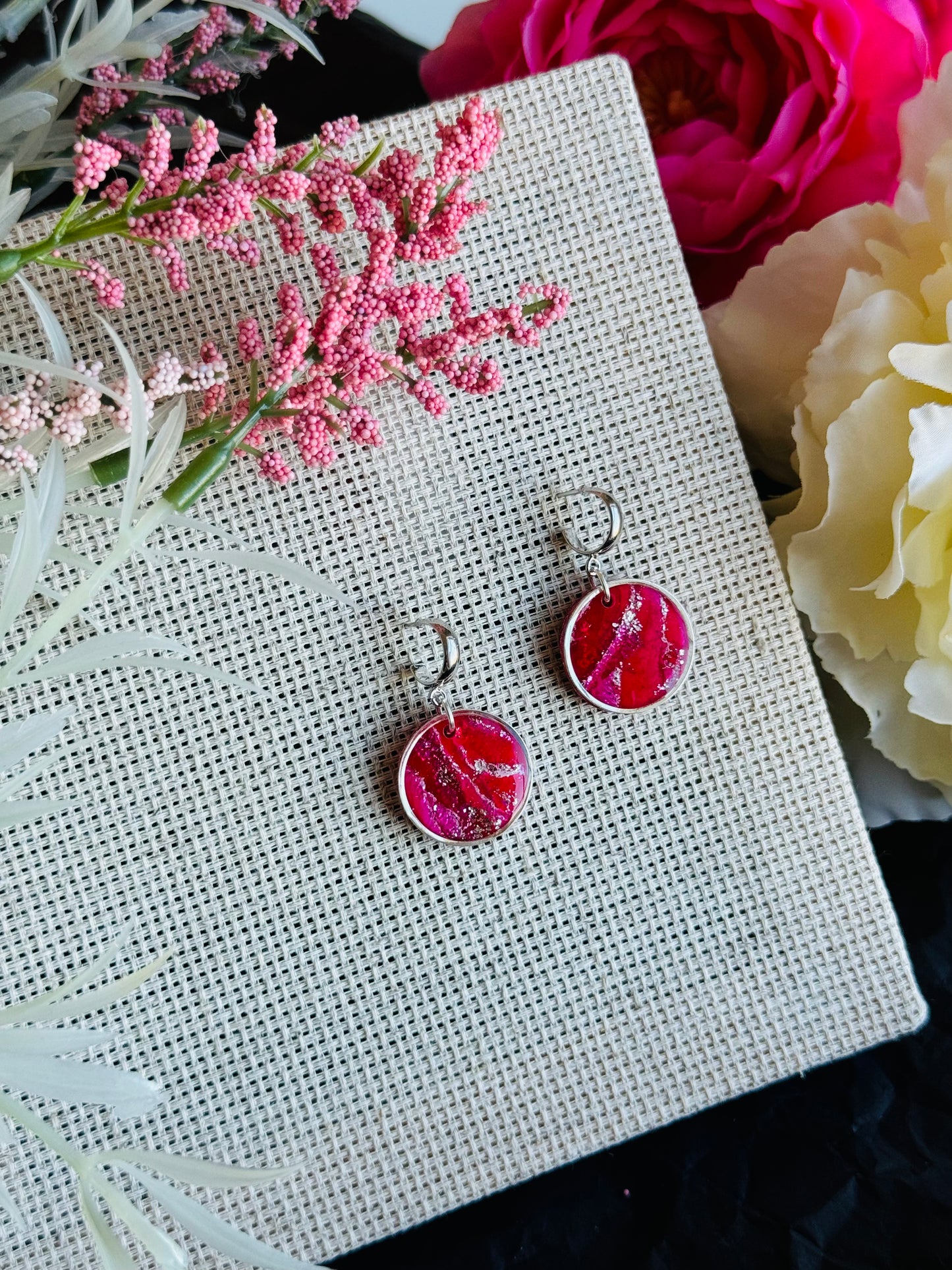 Ruby Red Marble - Bezeled Circle Earring on Cuff Post
