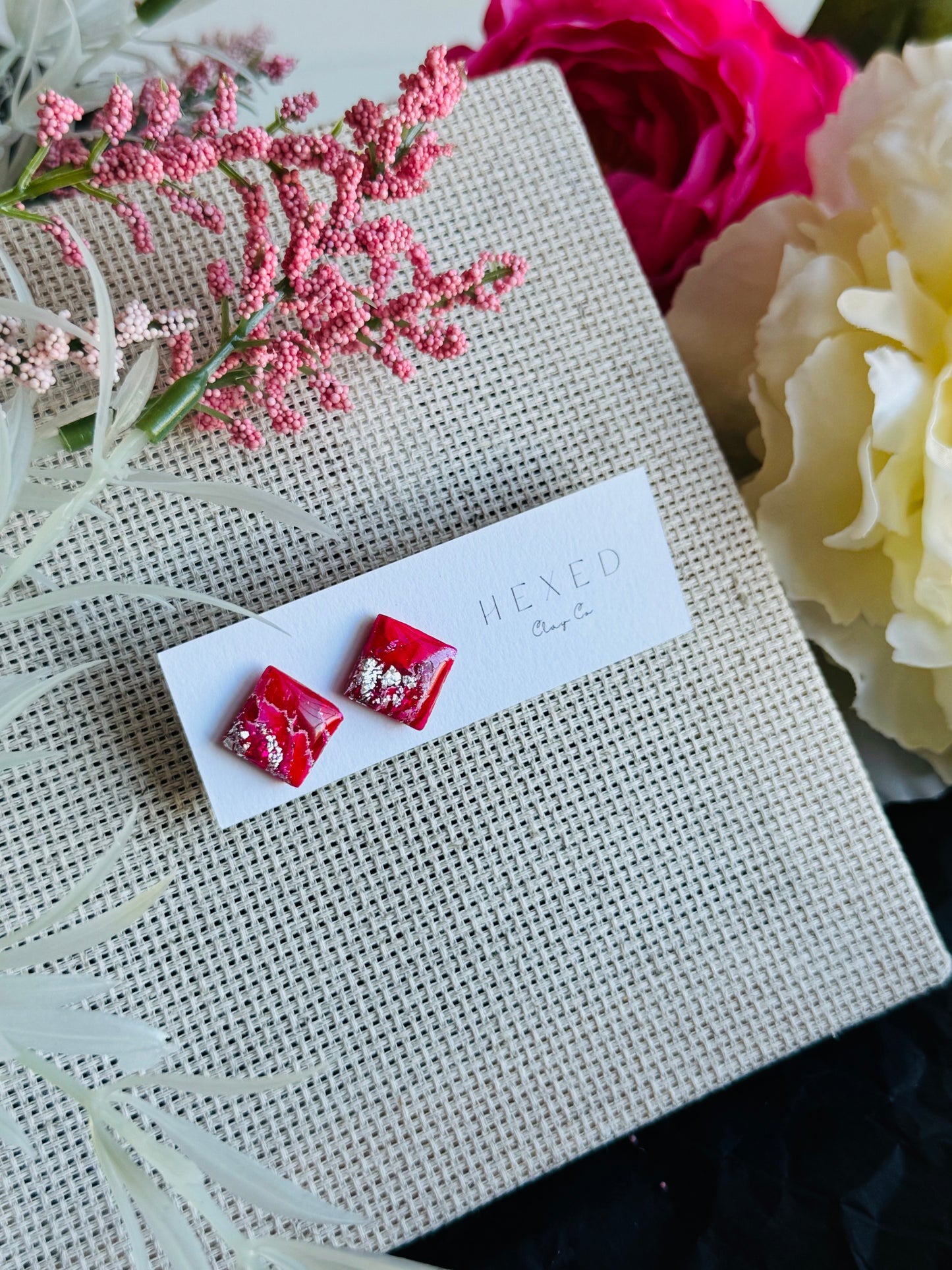 Ruby Red Marble - Square Studs