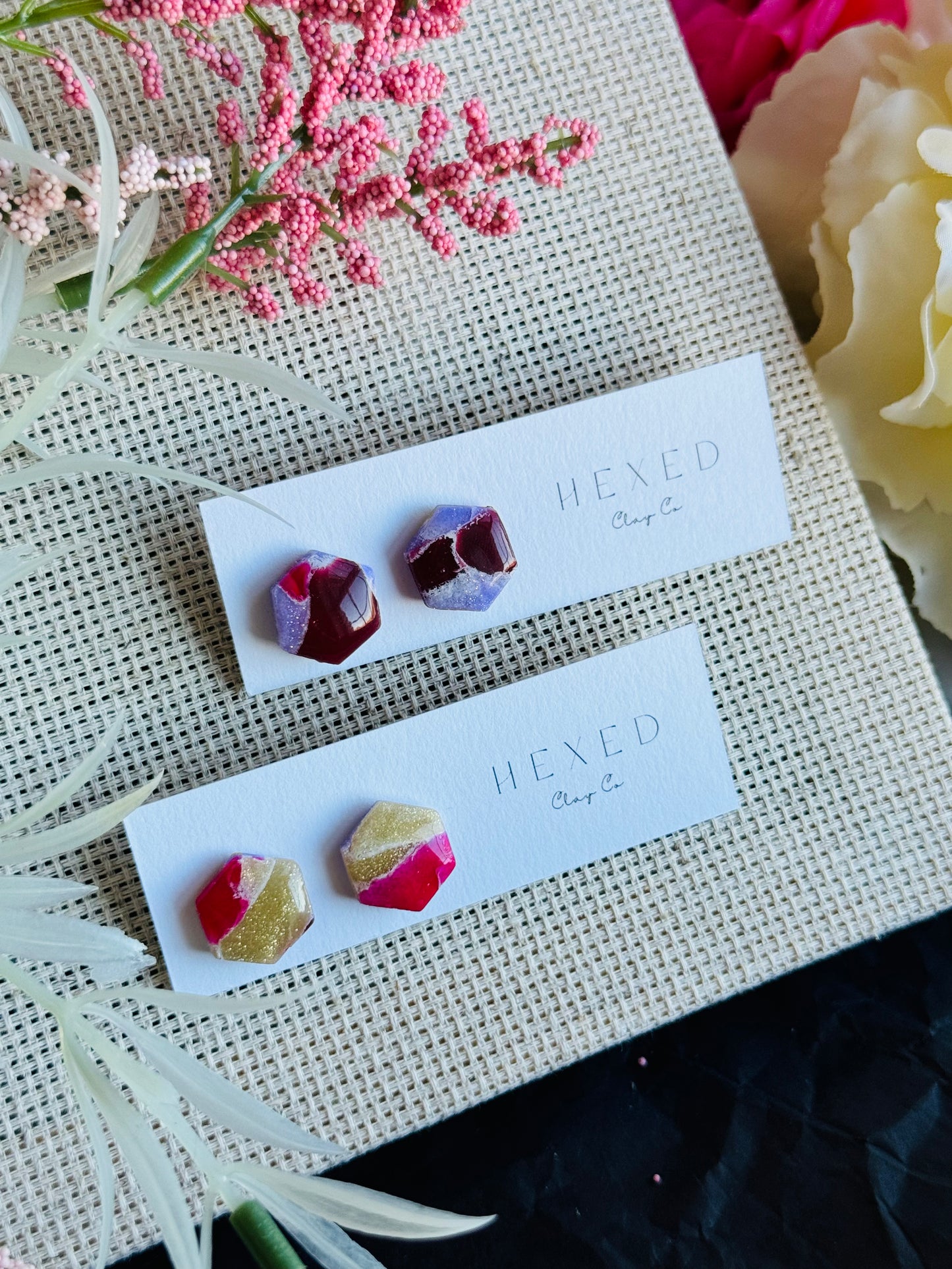 Pink & Purple Marble - Hexagon Studs