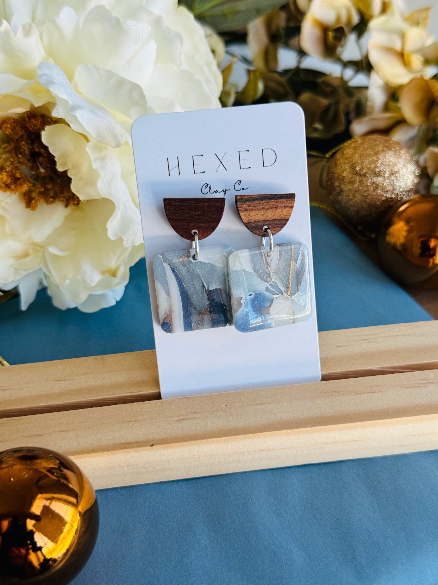 Winter Marble - Square Pebble on Wood Half Circle