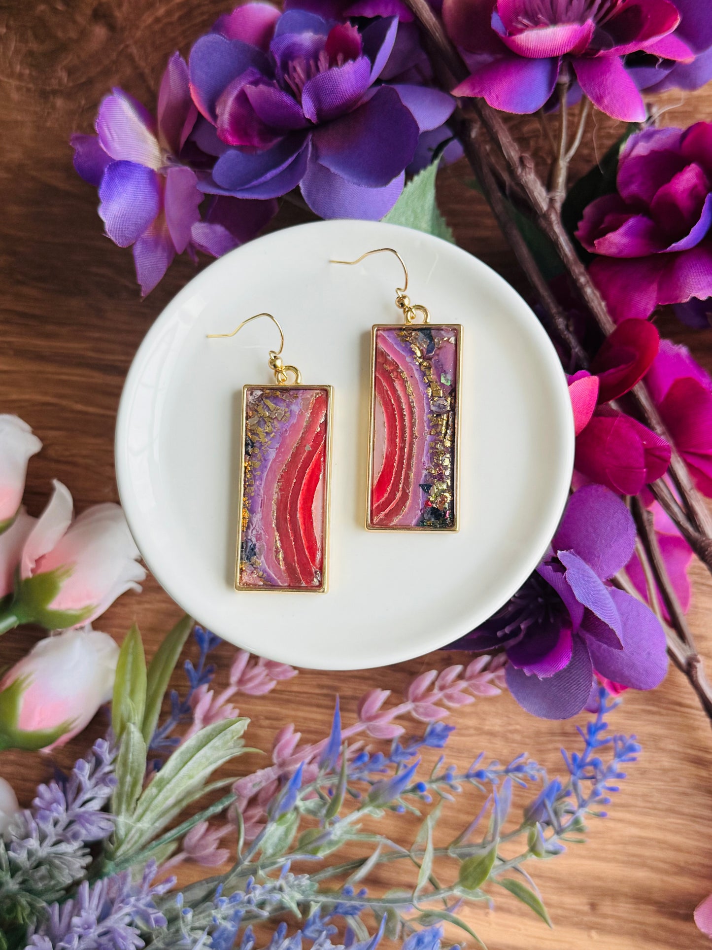 Purple Agate - Rectangle Bezel Earrings