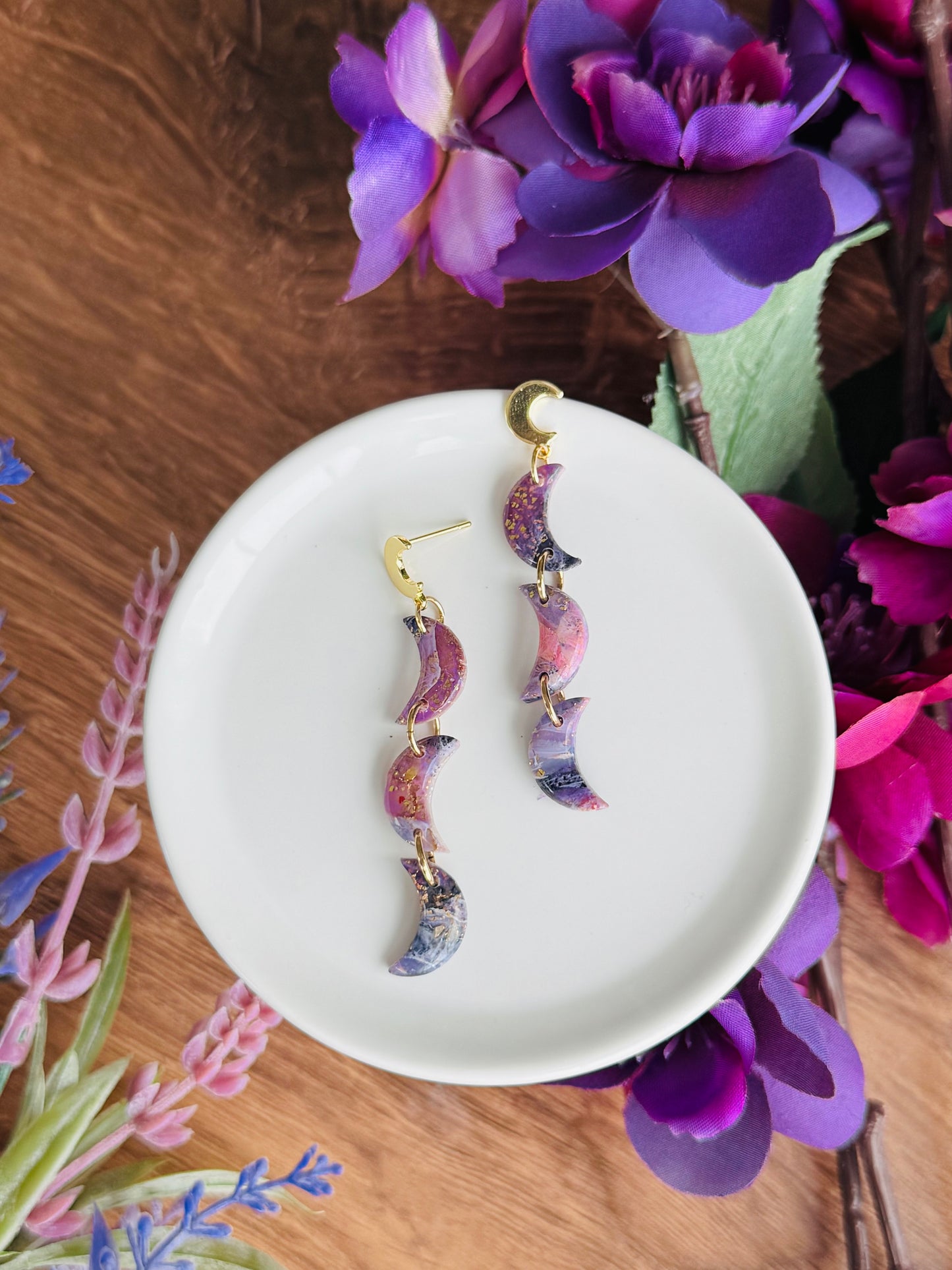 Purple Agate - Moon Chain Earrings