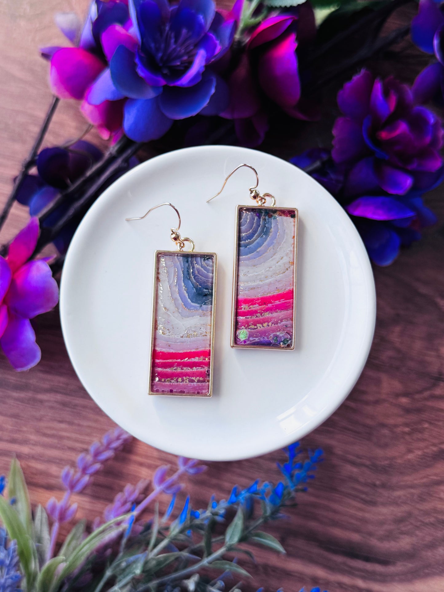 Purple Agate - Rectangle Bezel Earrings