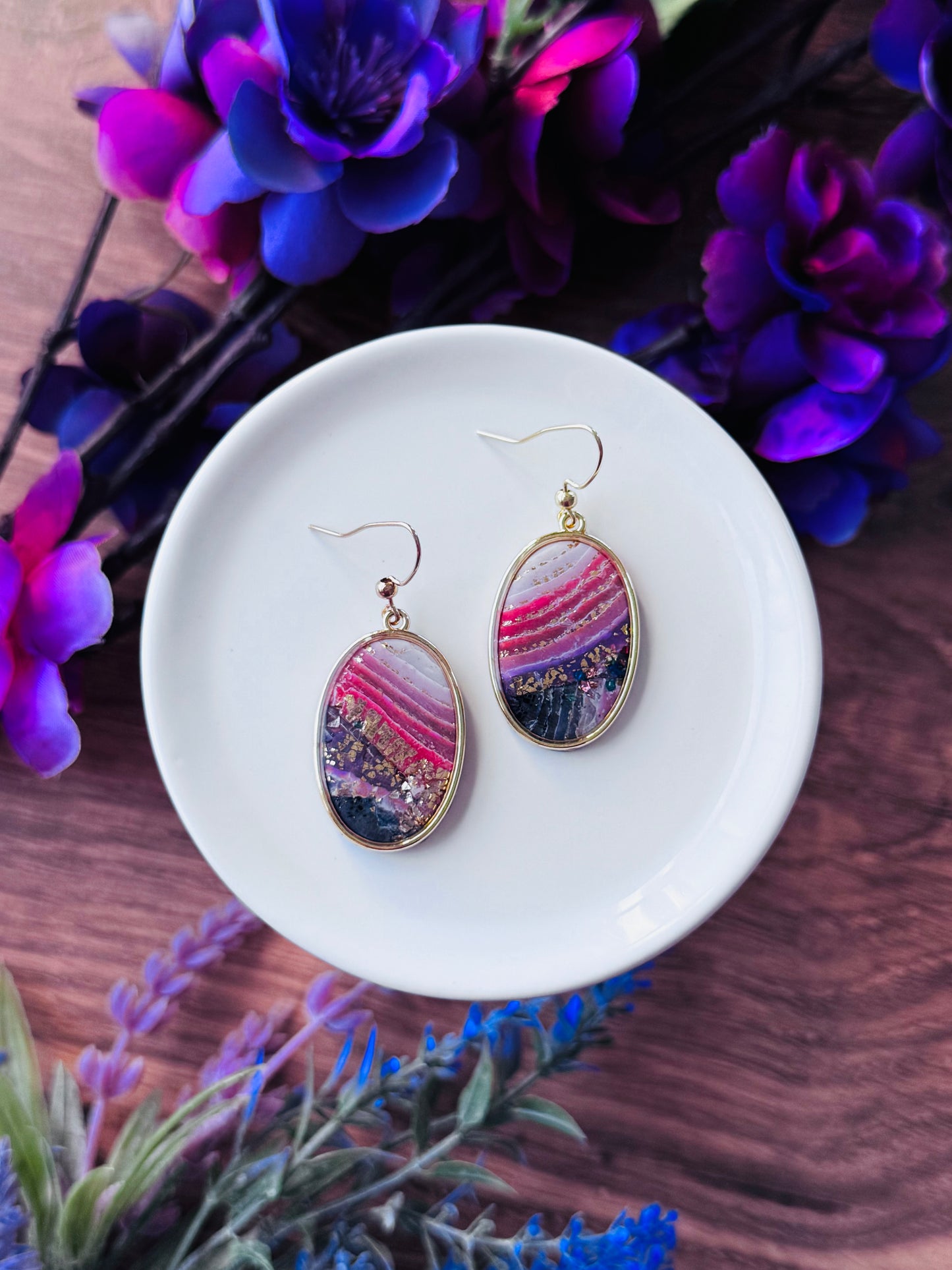 Purple Agate - Oval Bezel Earrings