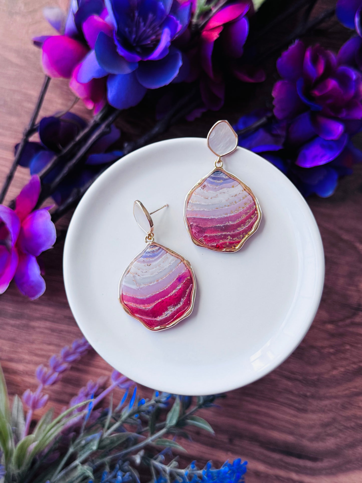 Purple Agate - Wavy Bezel & Shell Post