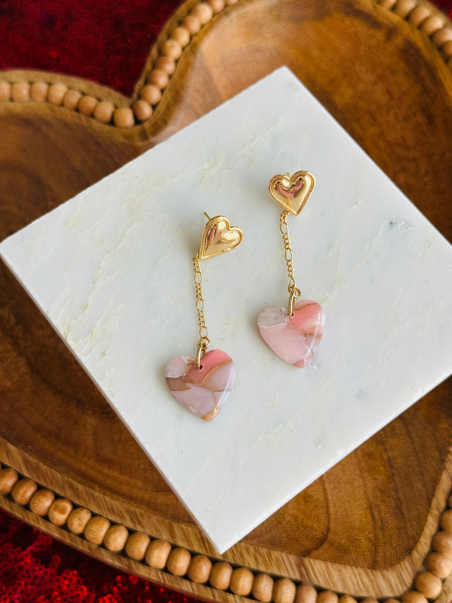 Pink Winter Marble - Heart Earrings