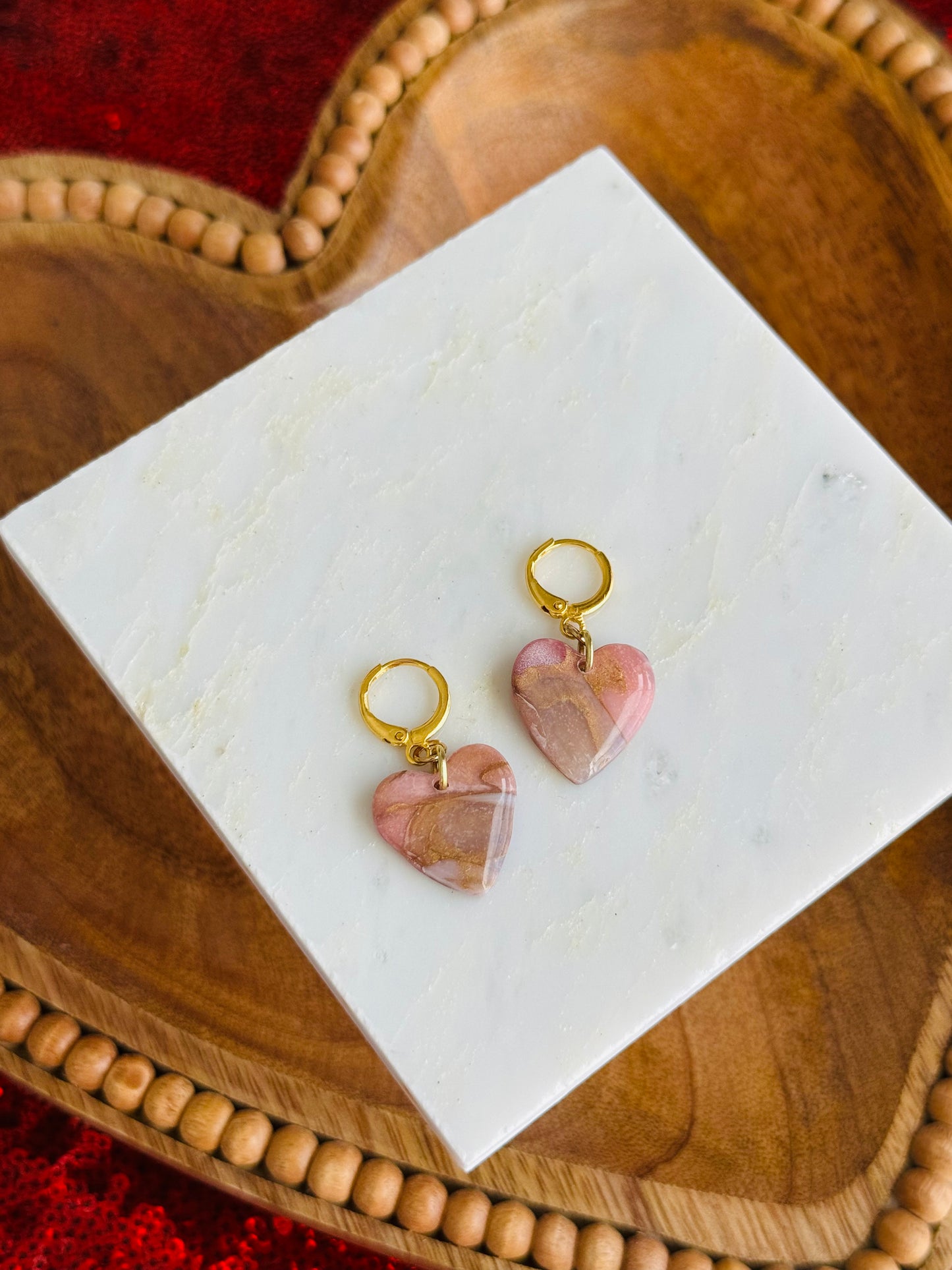 Pink Winter Marble - Heart Earrings