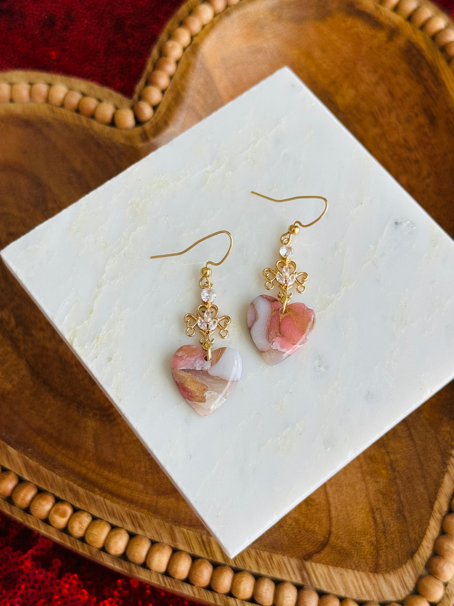 Pink Winter Marble - Heart Earrings
