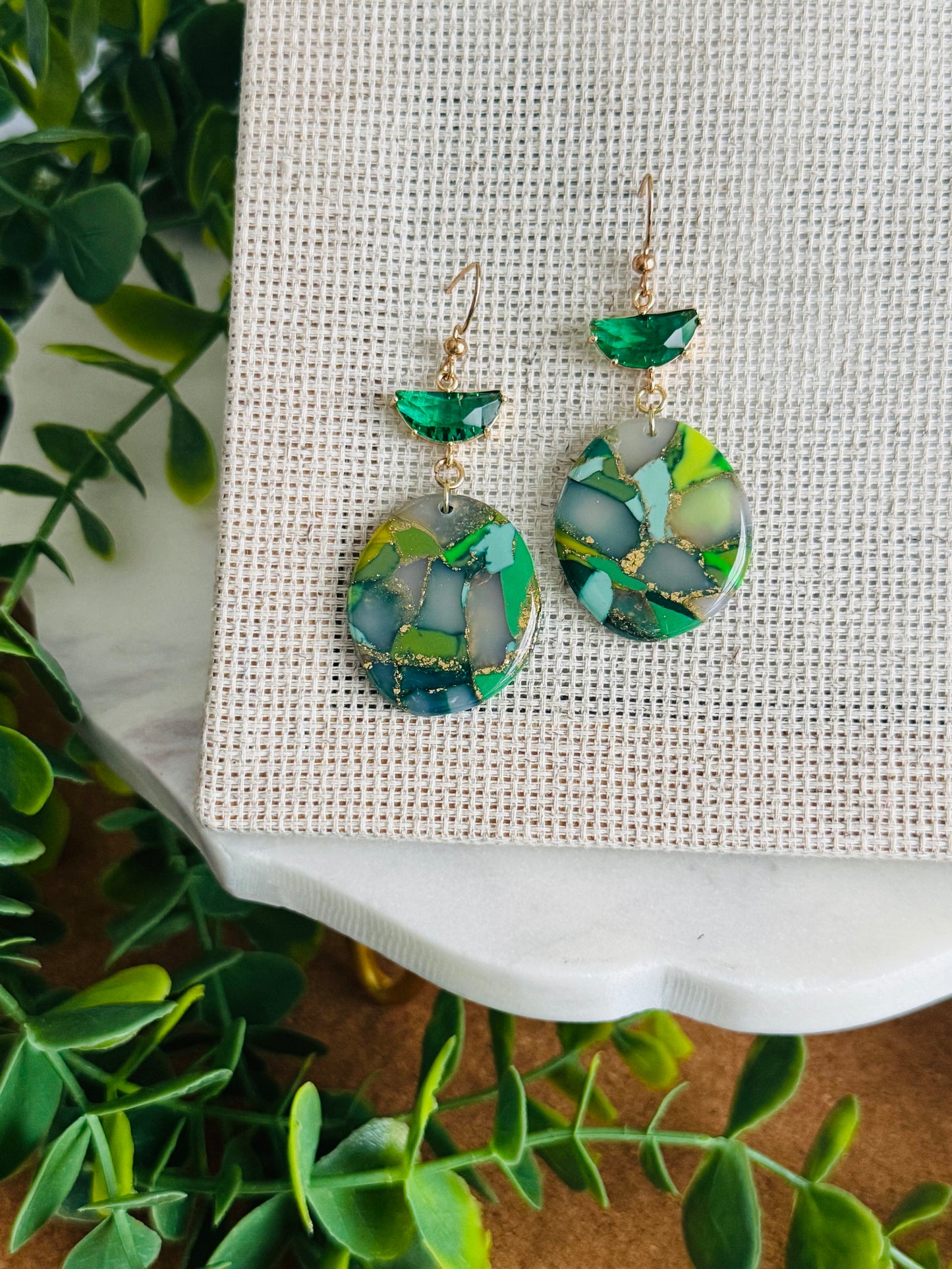 Green & Gold - Large Oval & Gem Earring