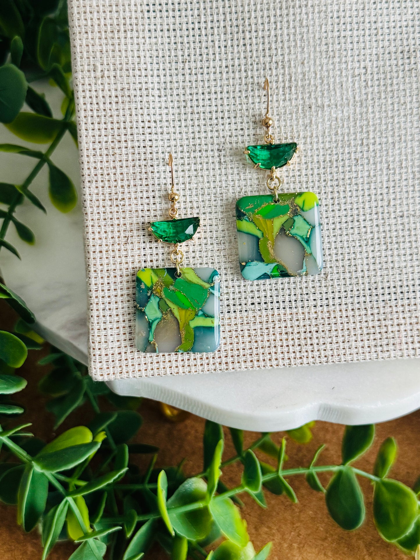 Green & Gold - Marble Rounded Square & Gem Earring