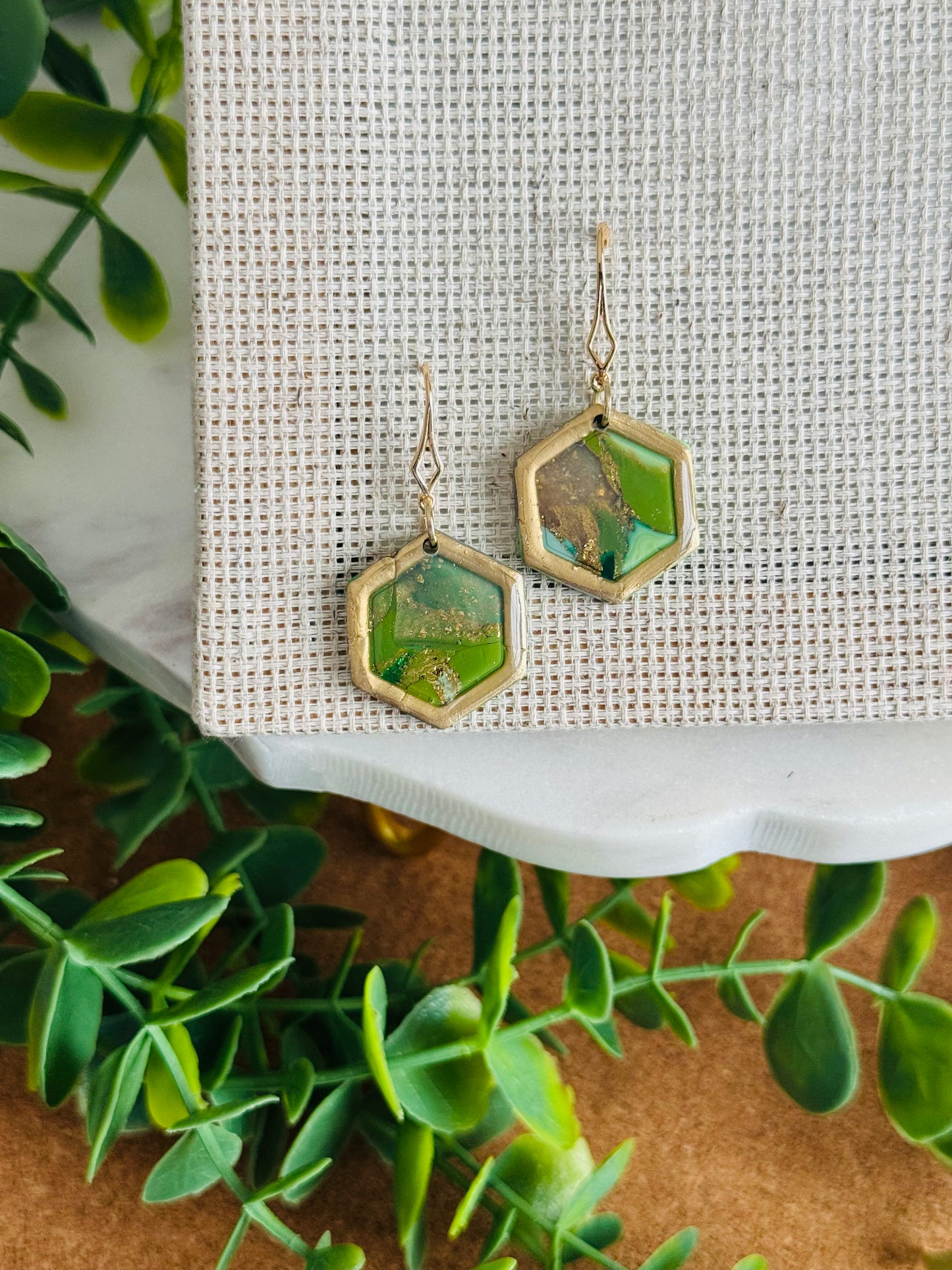 Green & Gold - Gold Border Hexagon Earring