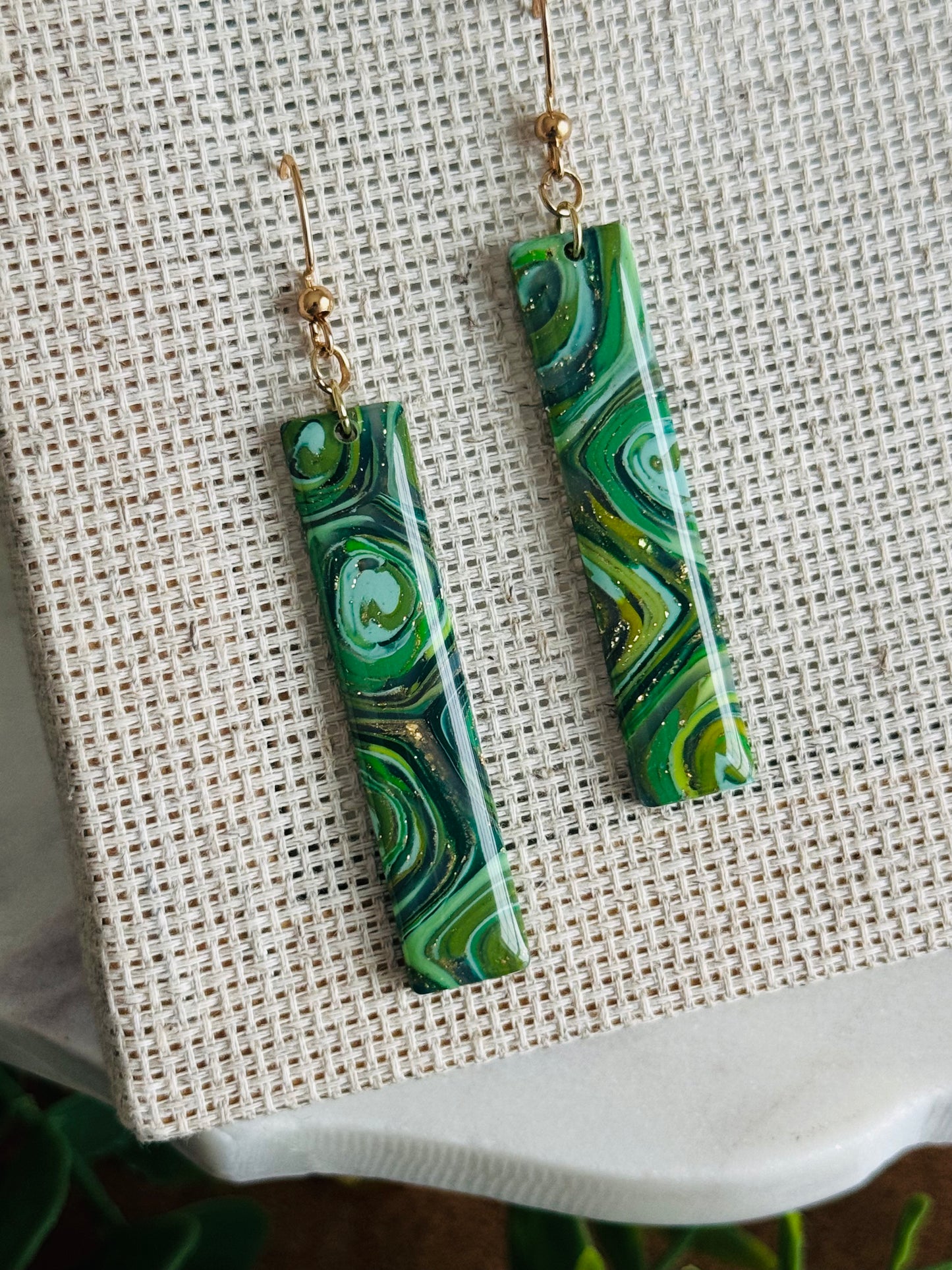 Green & Gold - Swirled Long Rectangle Earring