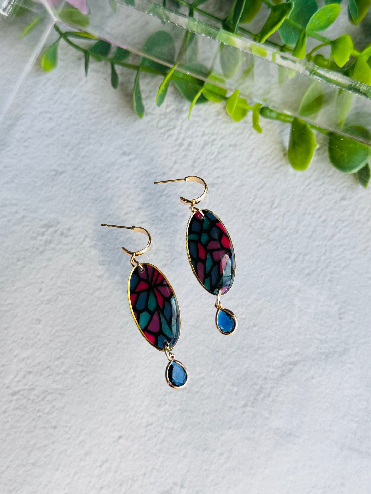 Jewel Stained Glass - Bezeled Ovals with Blue Teardrop Gem