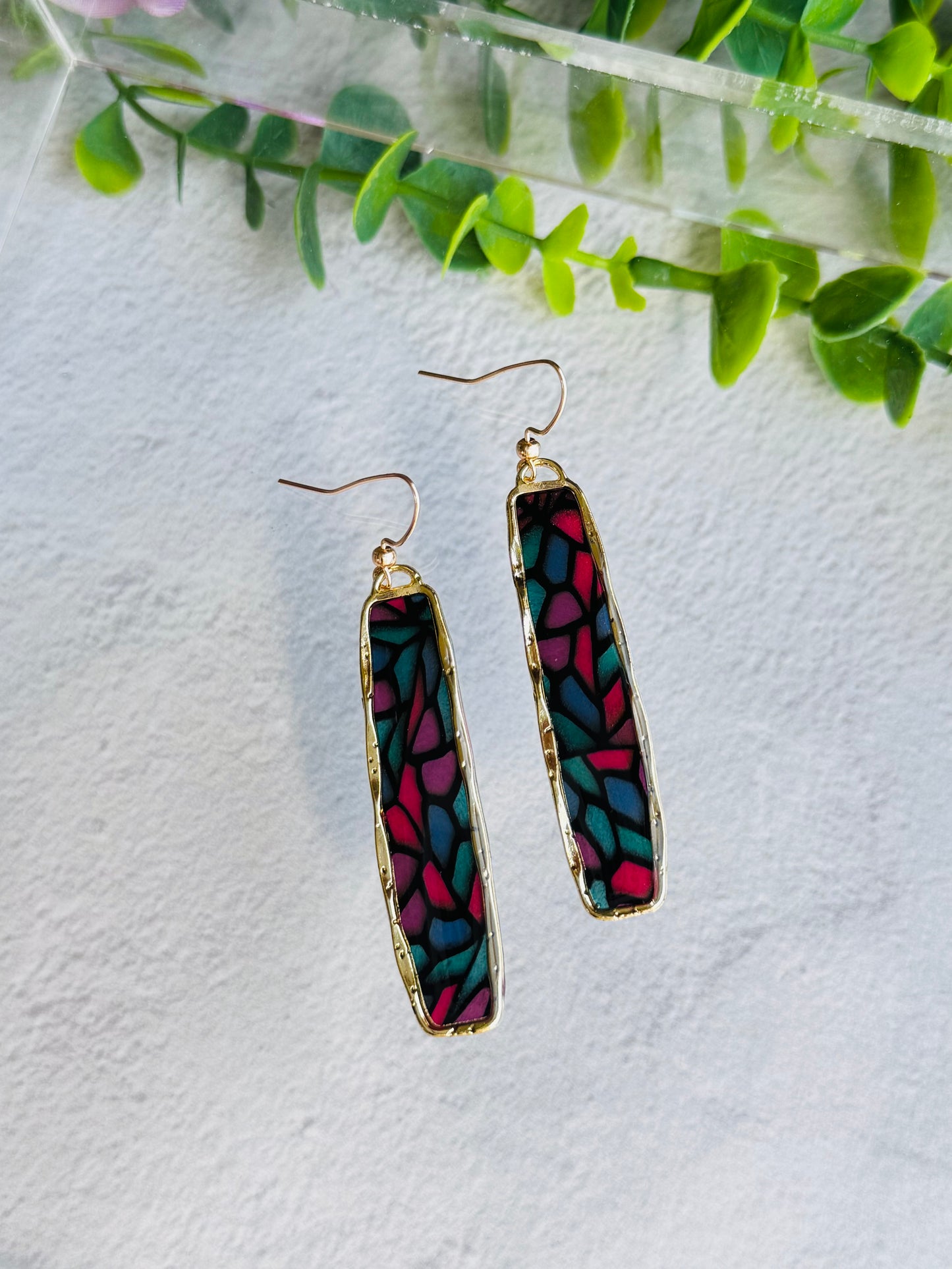 Jewel Stained Glass - Long Gold Bezeled Frame Earrings