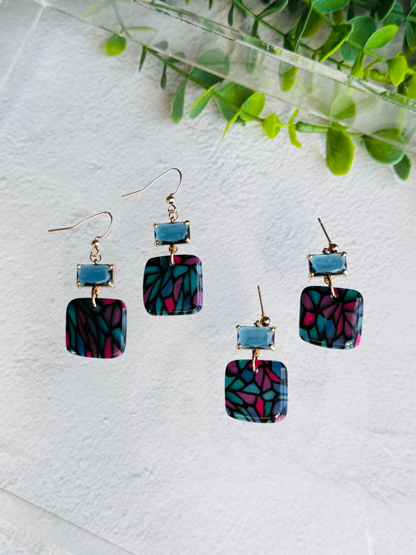 Jewel Stained Glass - Square Pebble and Blue Zircon Dangles
