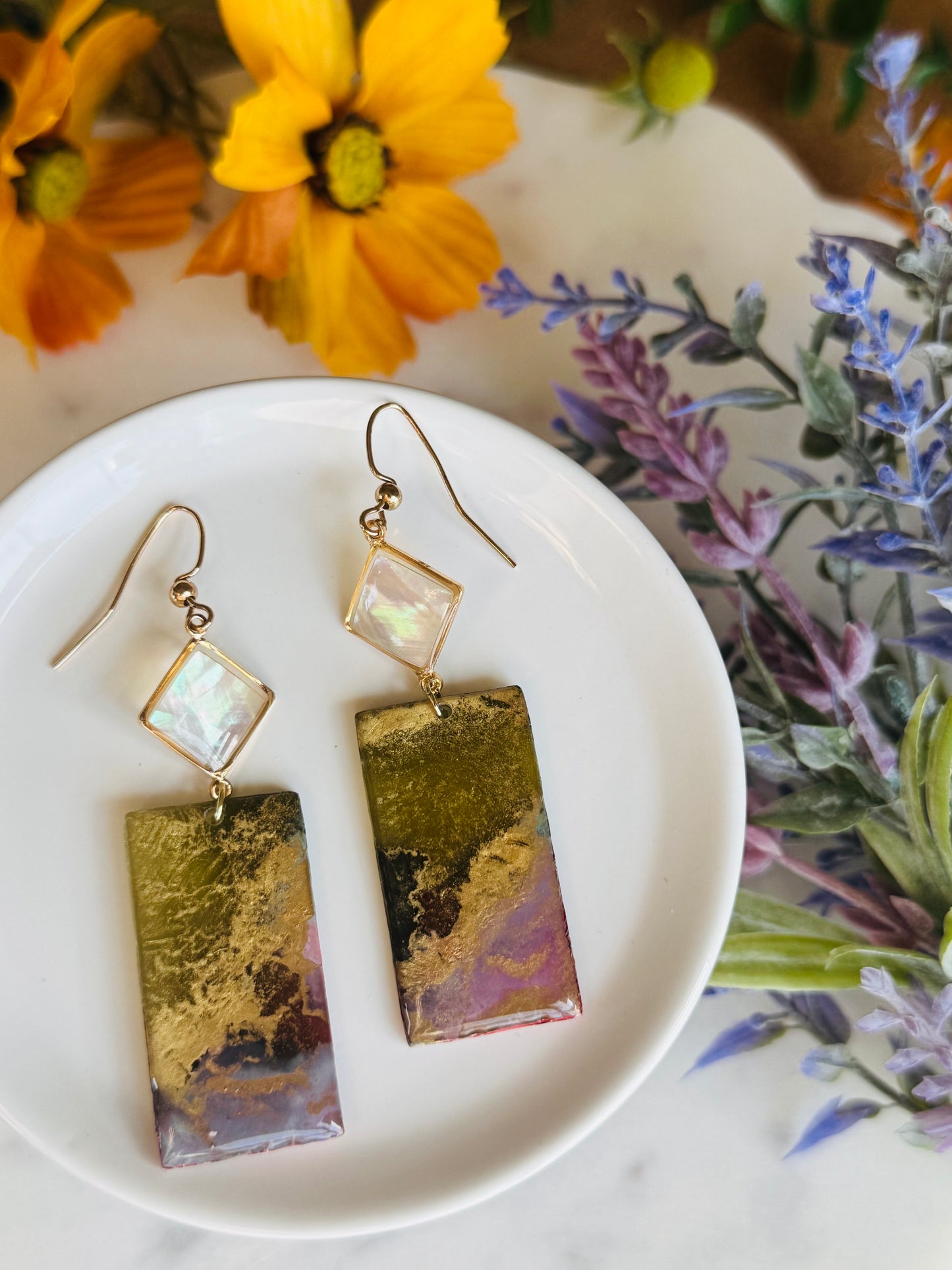 Moss Alcohol Ink - Large Rectangle & Abalone Shell Earring