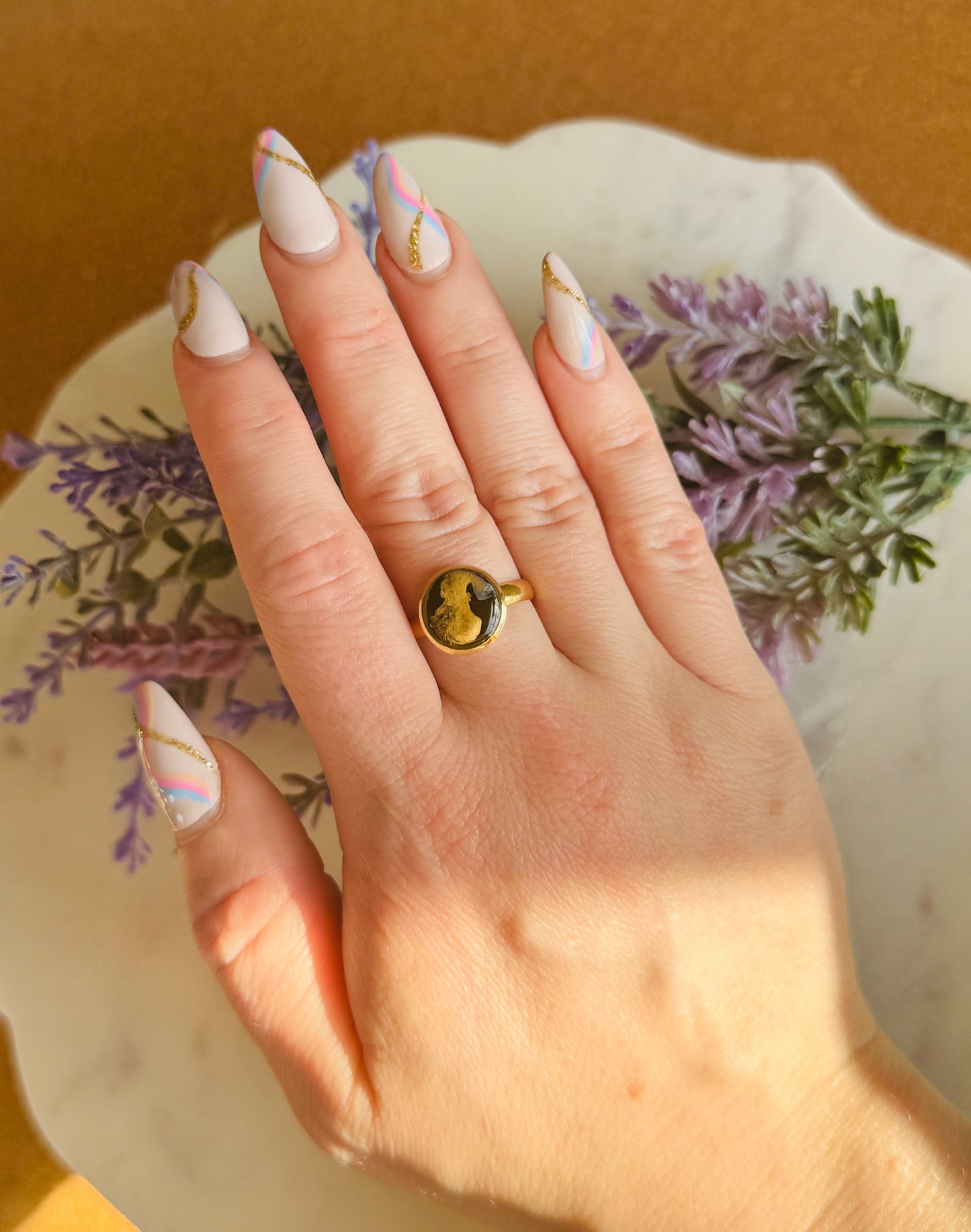 Moss Alcohol Ink - Green & Gold Round Adjustable Ring