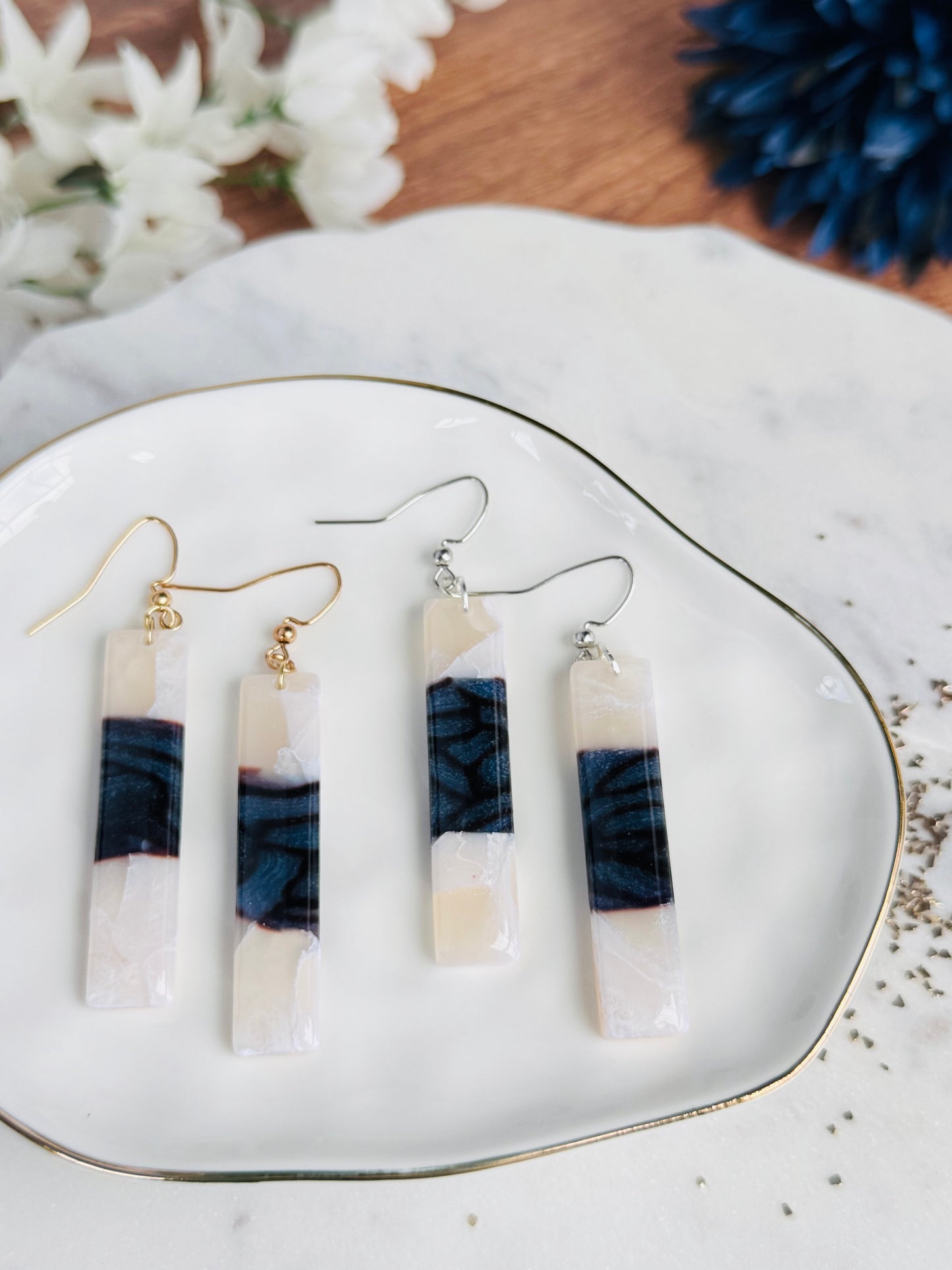 Two-Toned Blue & White - Long Rectangle Earrings