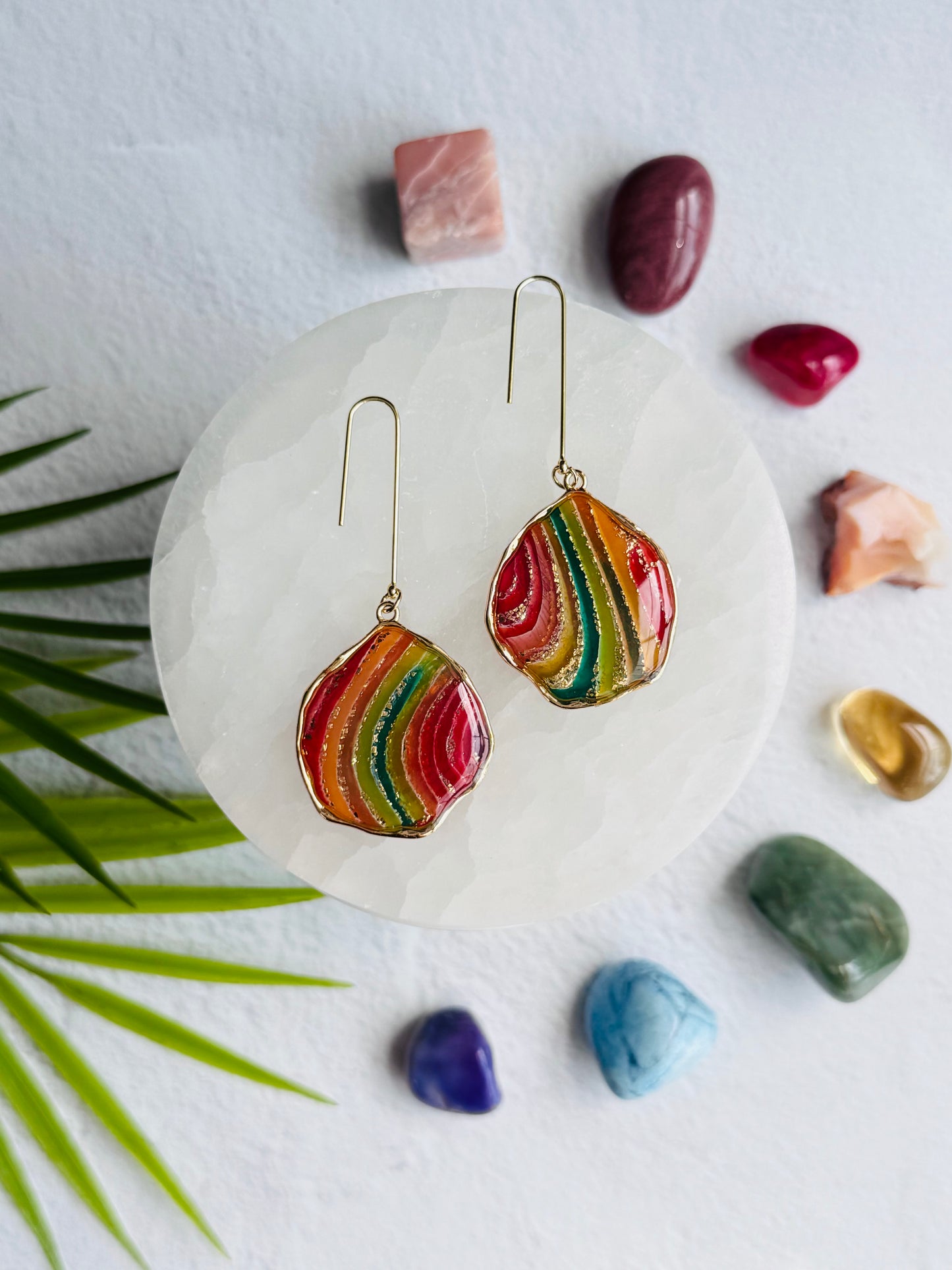 Rainbow Agate - Wavy Bezel Earrings