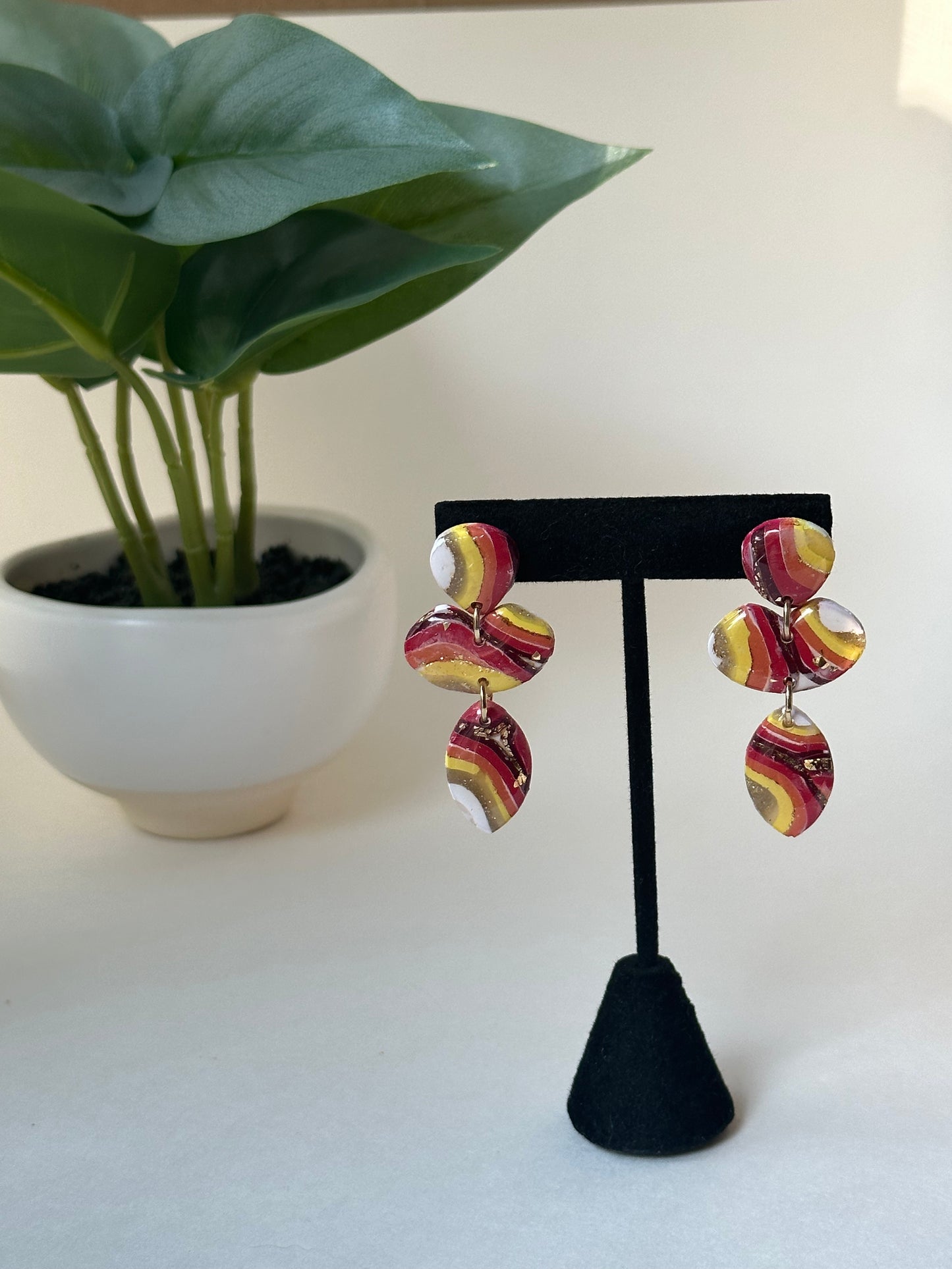 Warm tones agate polymer clay trio drop earring