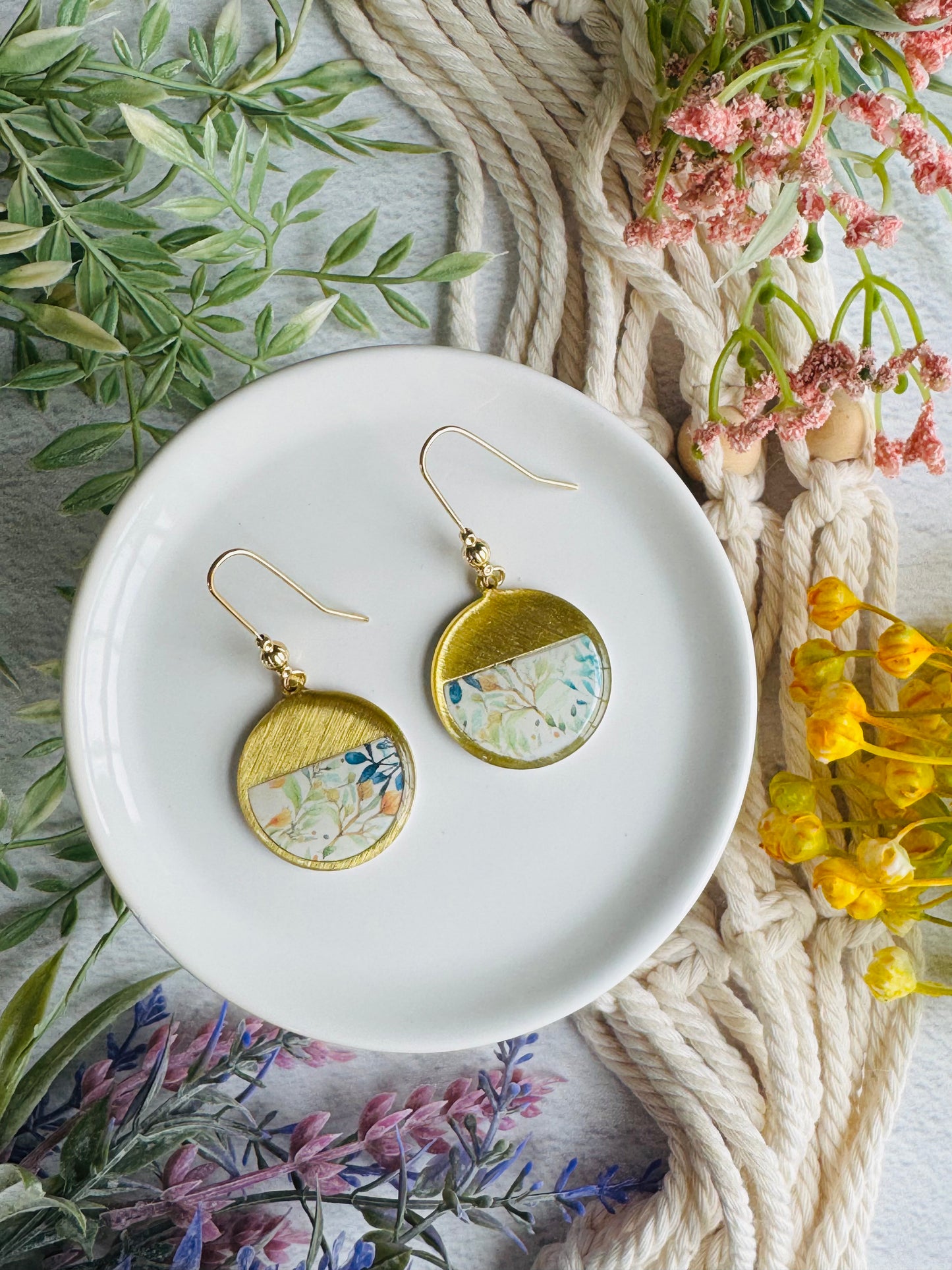 Blue/Green Floral - Gold Circle Bezel Dangle