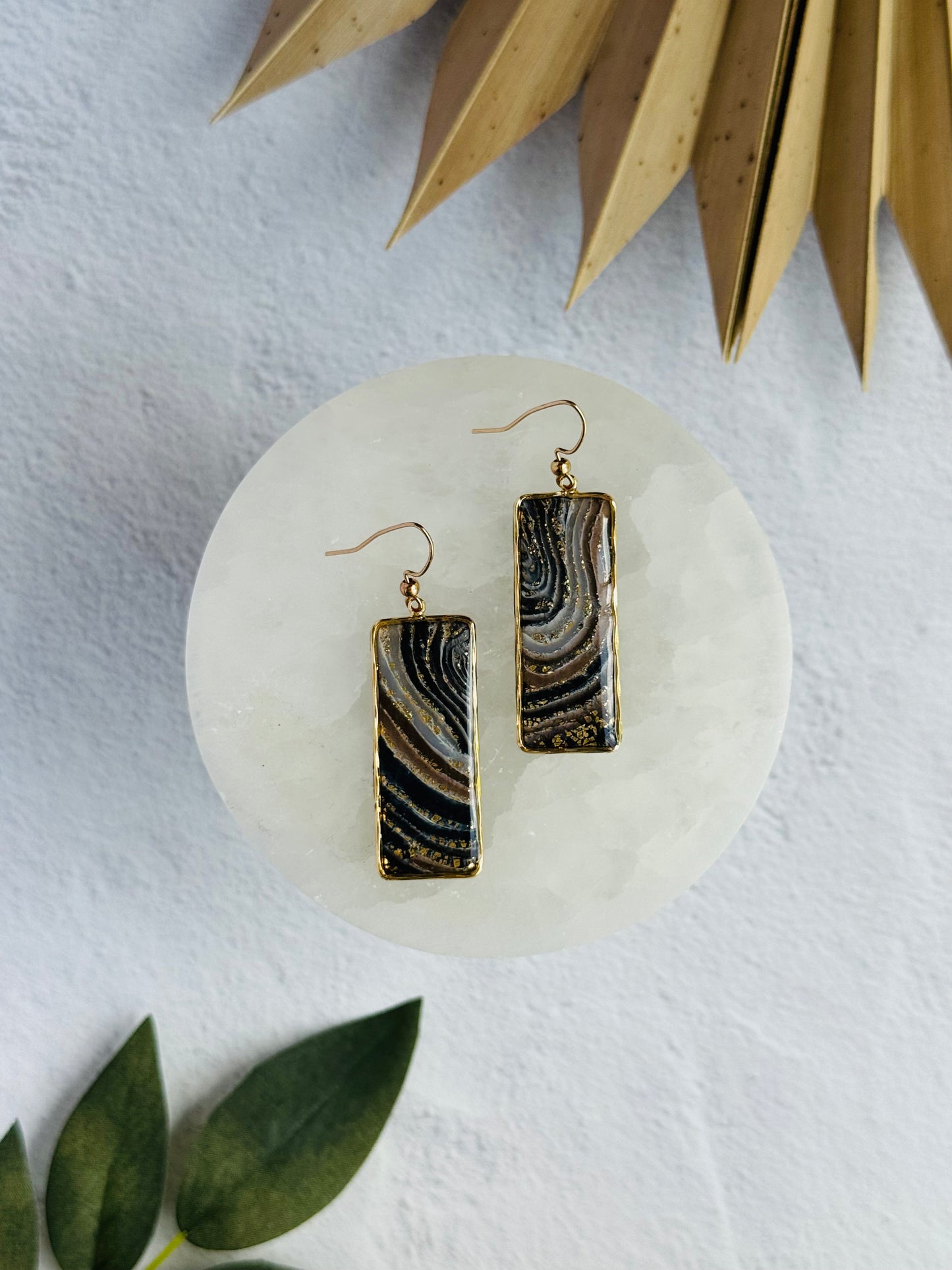 Black Agate Summer - Bezeled Rectangle Earrings