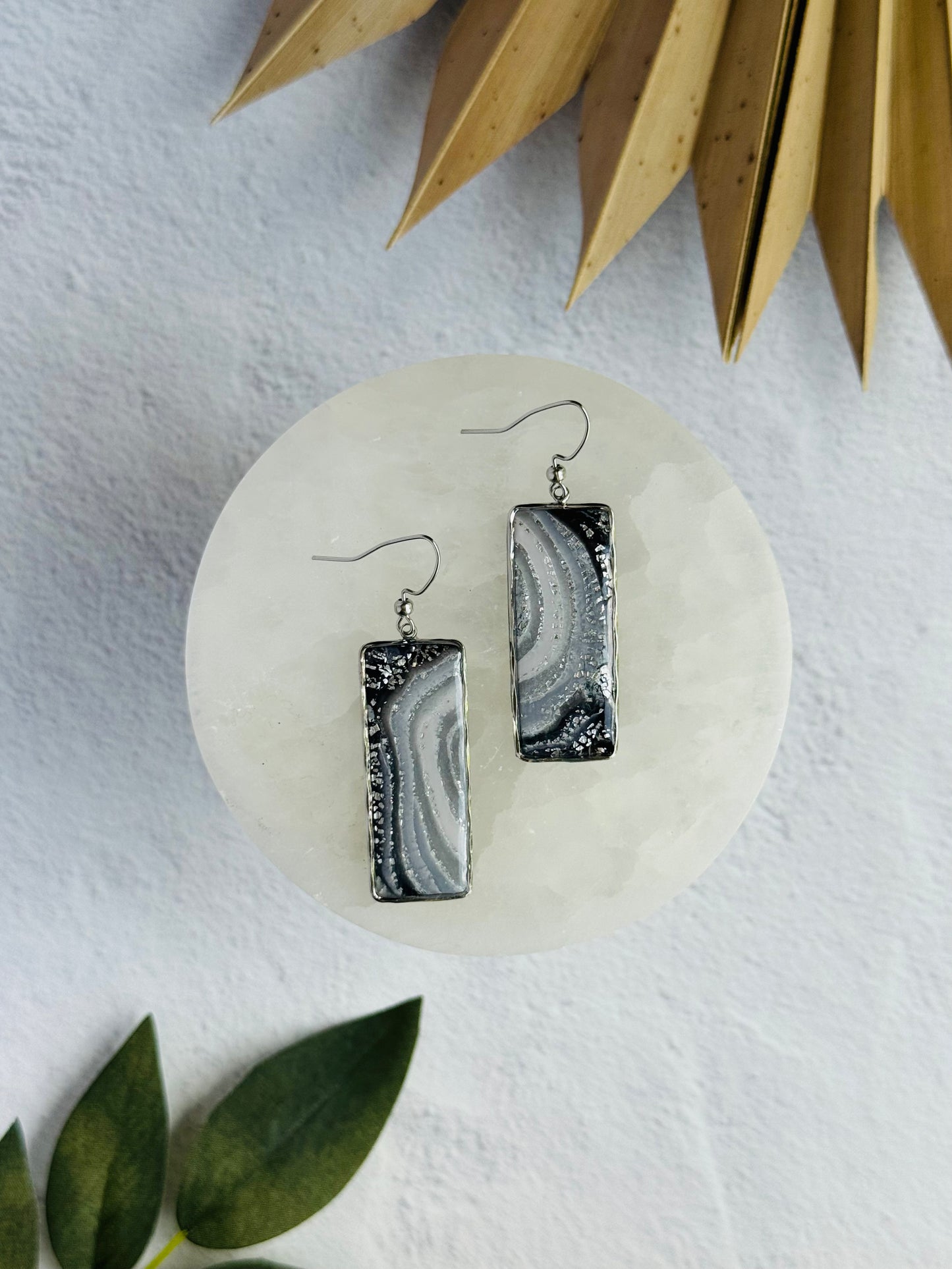 Black Agate Summer - Bezeled Rectangle Earrings