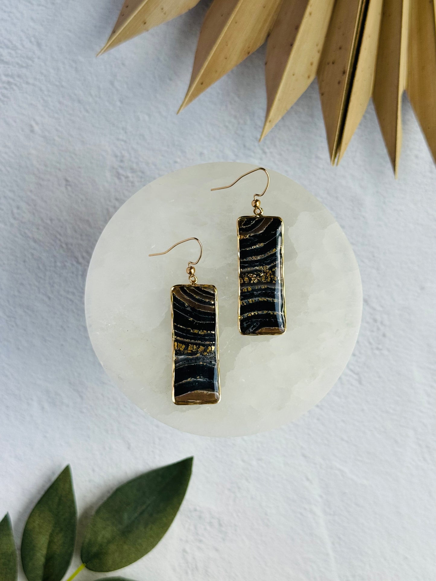 Black Agate Summer - Bezeled Rectangle Earrings