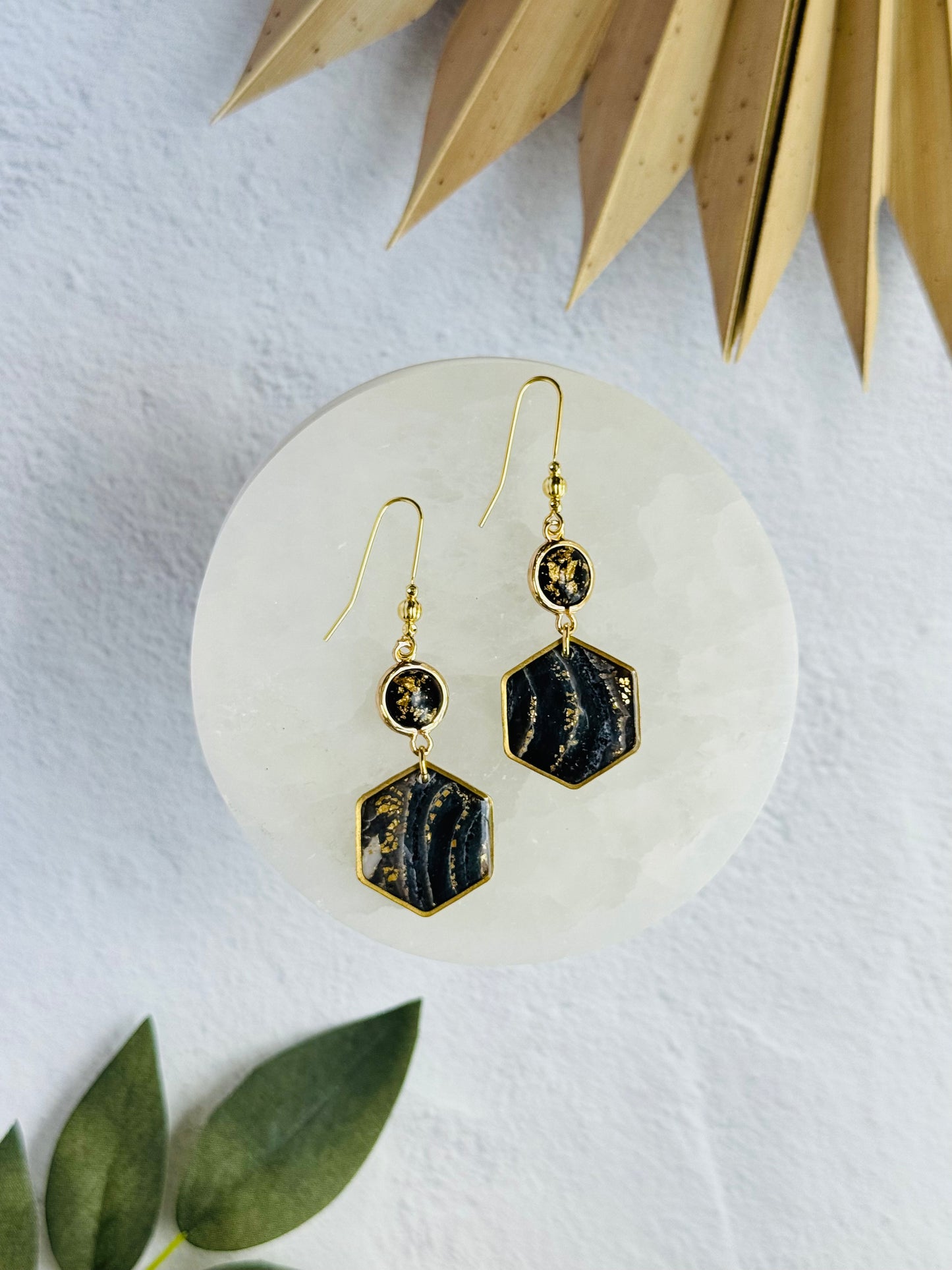 Black Agate Summer - Hexagon Bezel & Speckled Connector