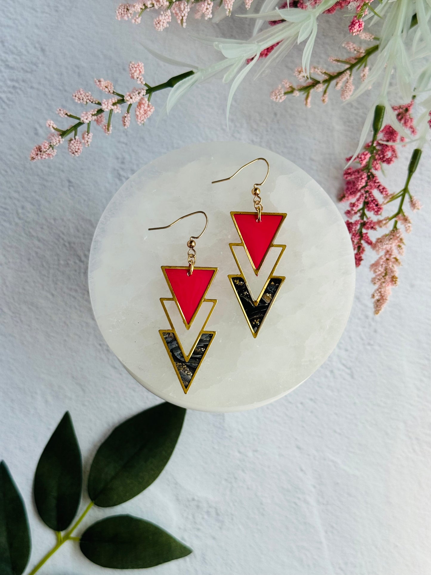 Black Agate Summer - Triangle Chevron Bezel Earrings