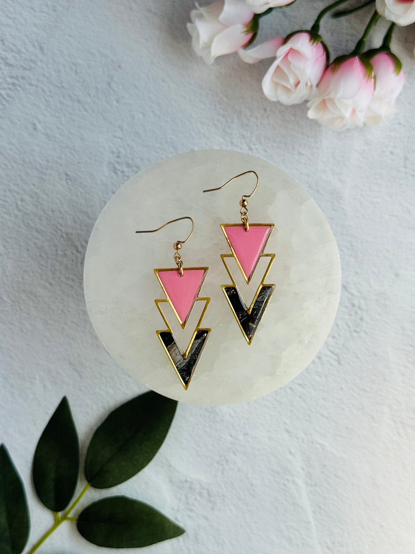 Black Agate Summer - Triangle Chevron Bezel Earrings