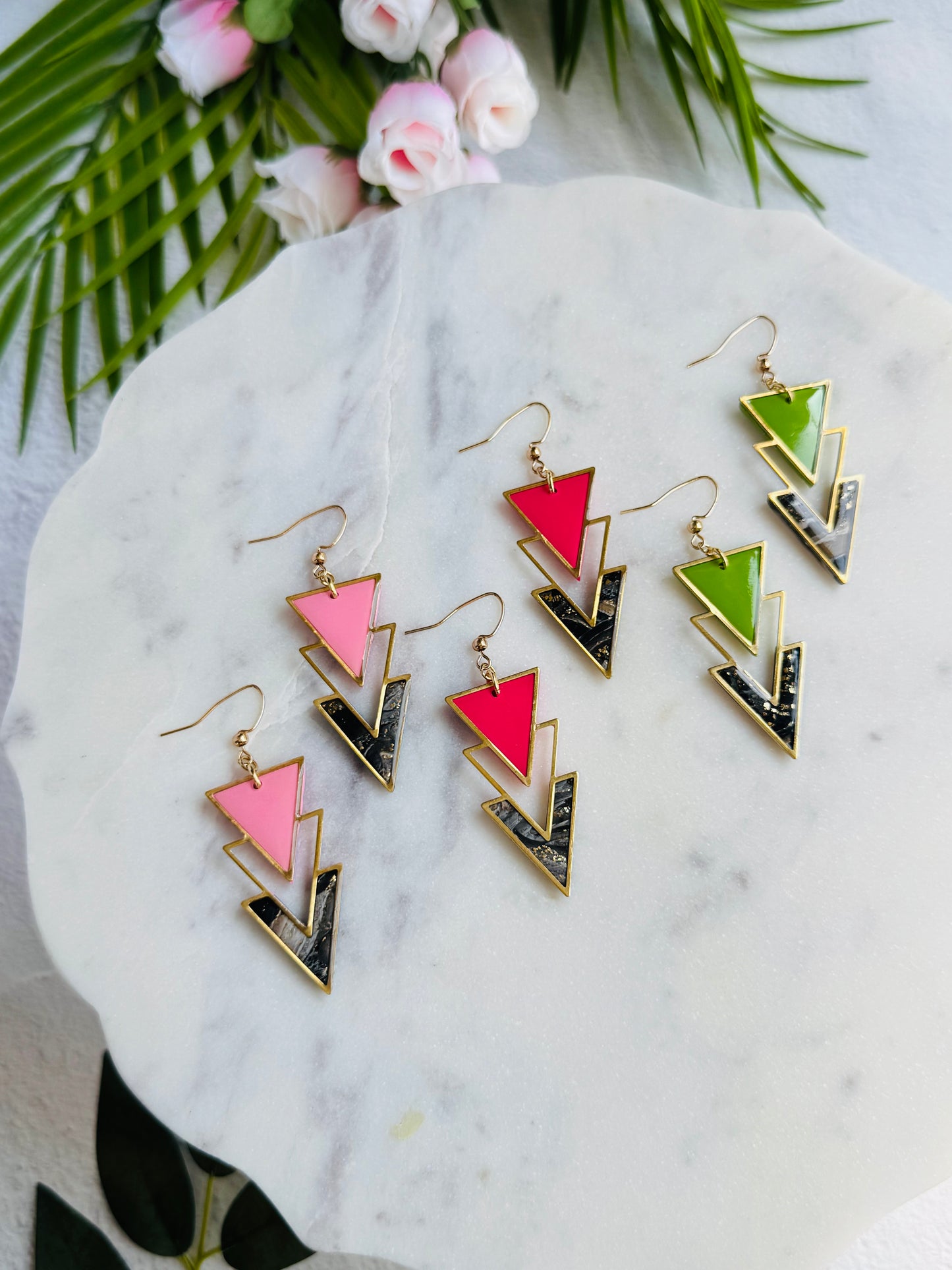 Black Agate Summer - Triangle Chevron Bezel Earrings