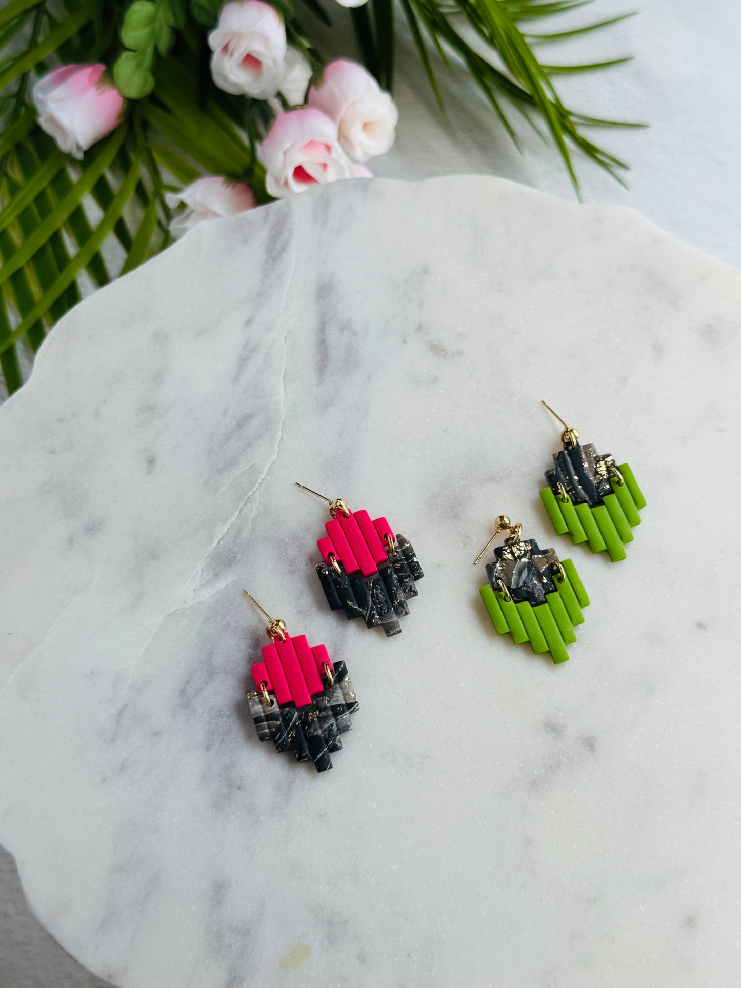 Black Agate Summer - Geometric Mosaic 2-Piece Earring