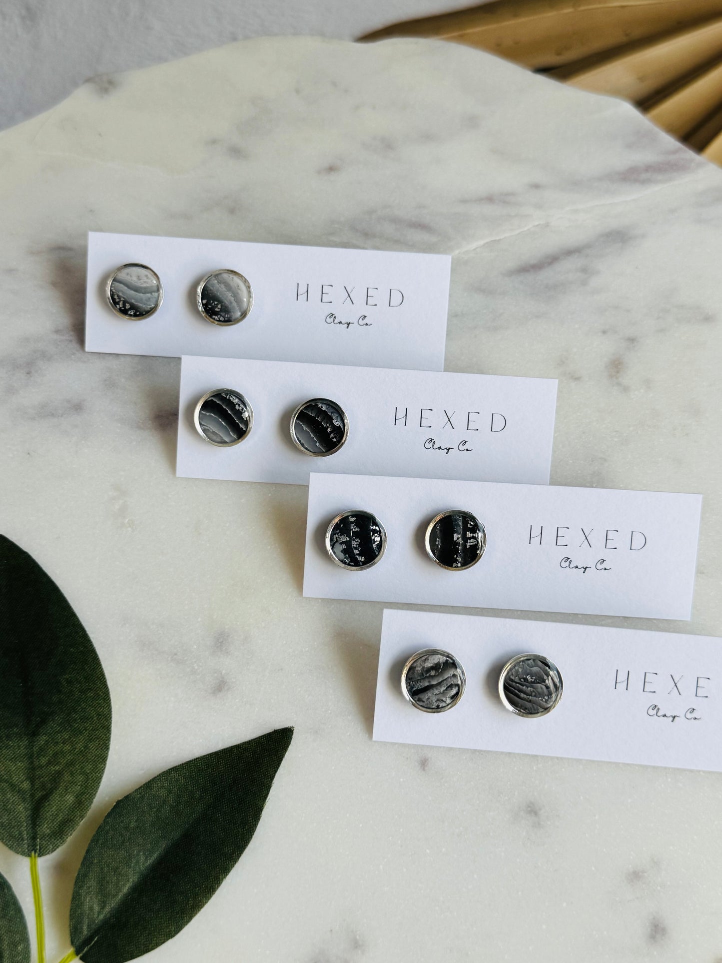 Black Agate Summer - Silver Bezeled Round Studs
