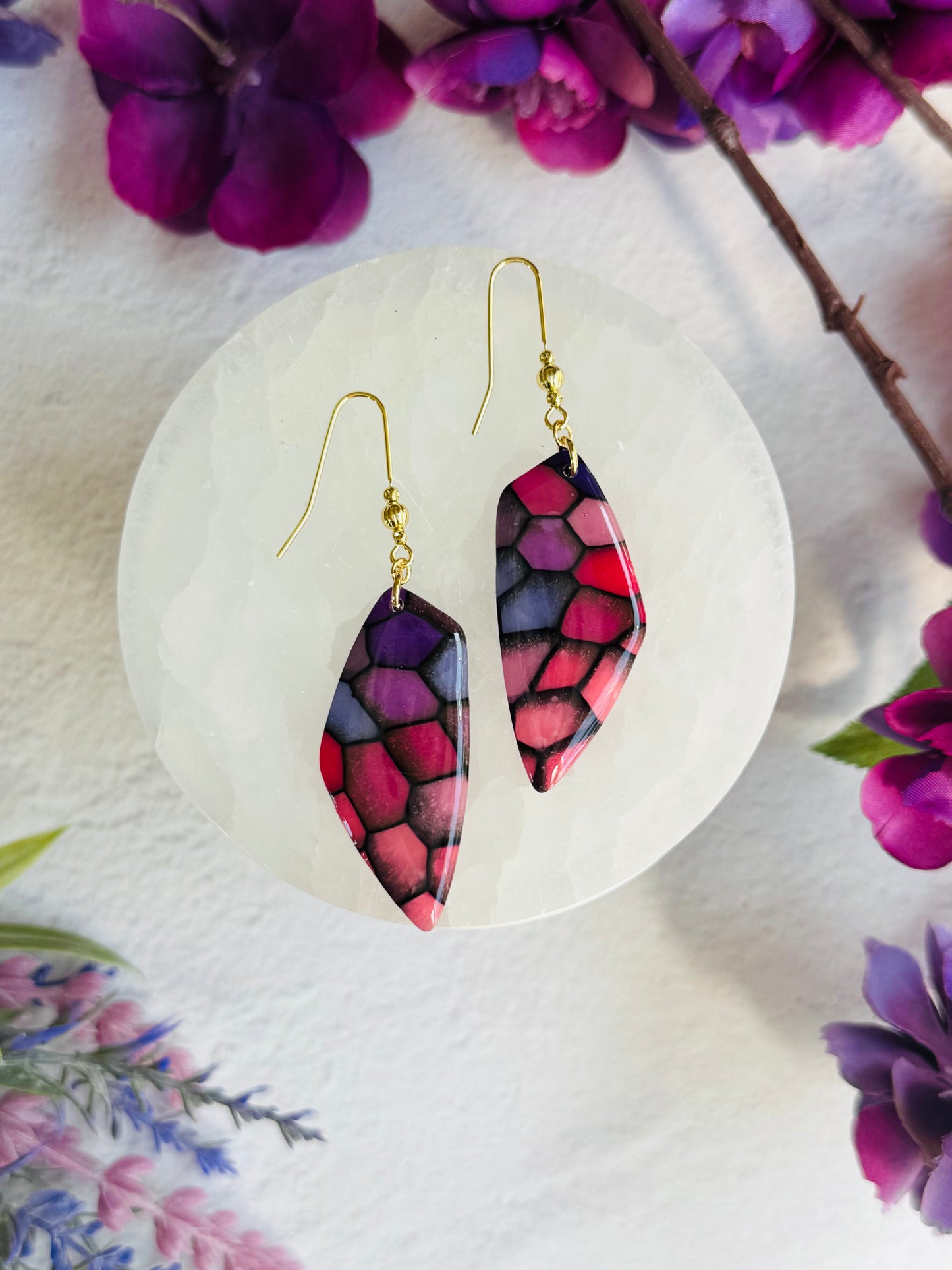 Purple "Stained Glass - Large Organic Pebble Earring
