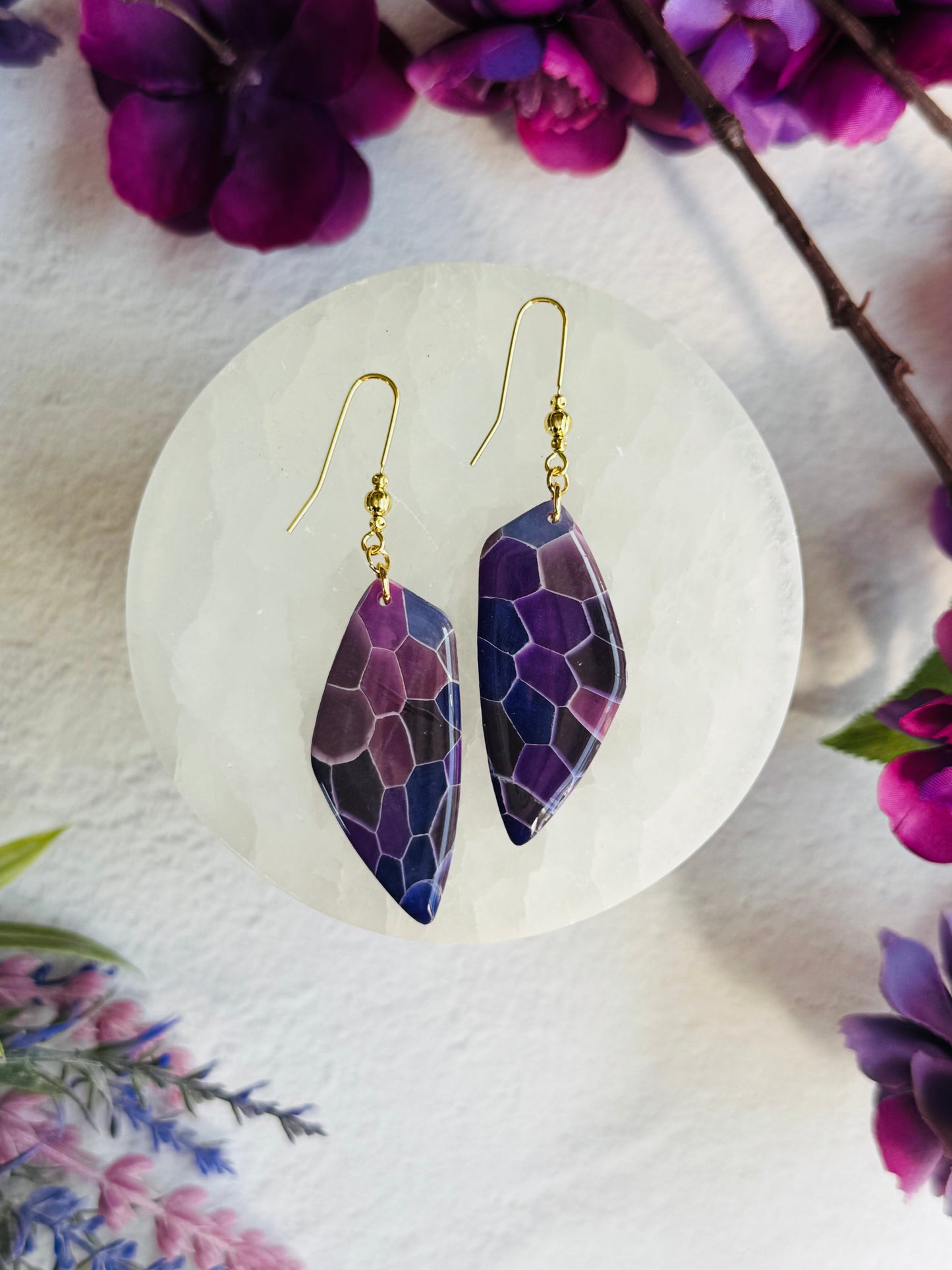 Purple "Stained Glass - Large Organic Pebble Earring
