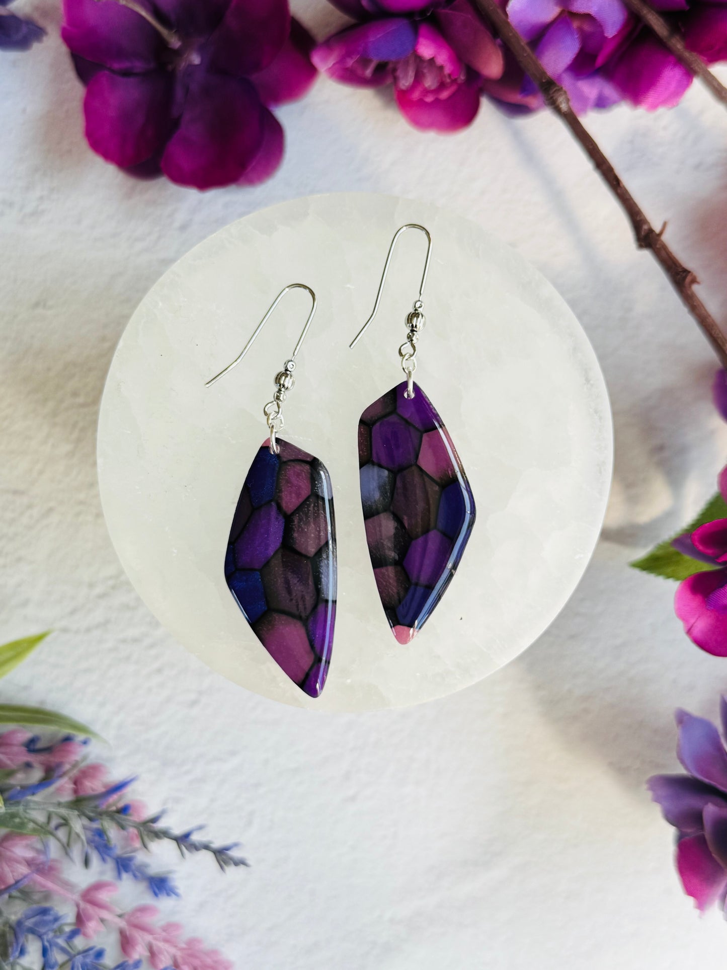 Purple "Stained Glass - Large Organic Pebble Earring