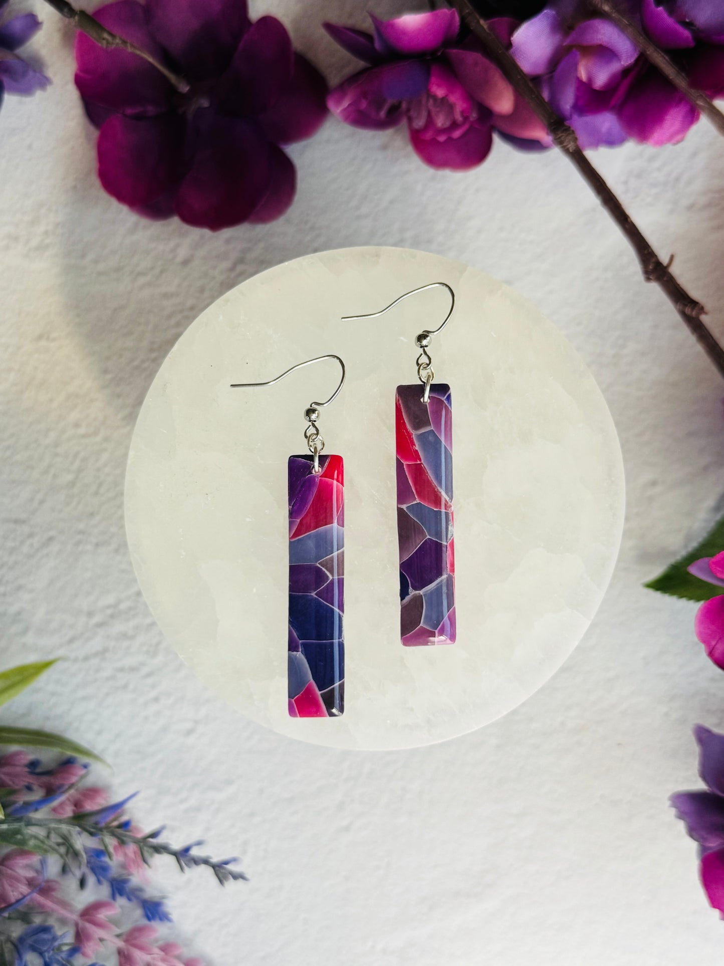 Purple "Stained Glass - Long Rectangle Earring