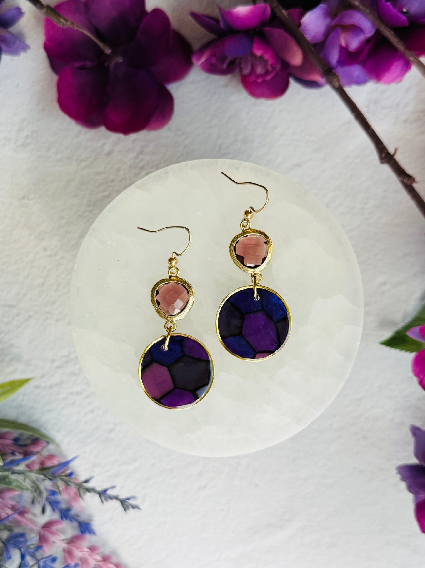 Purple "Stained Glass - Circle Bezel Earrings
