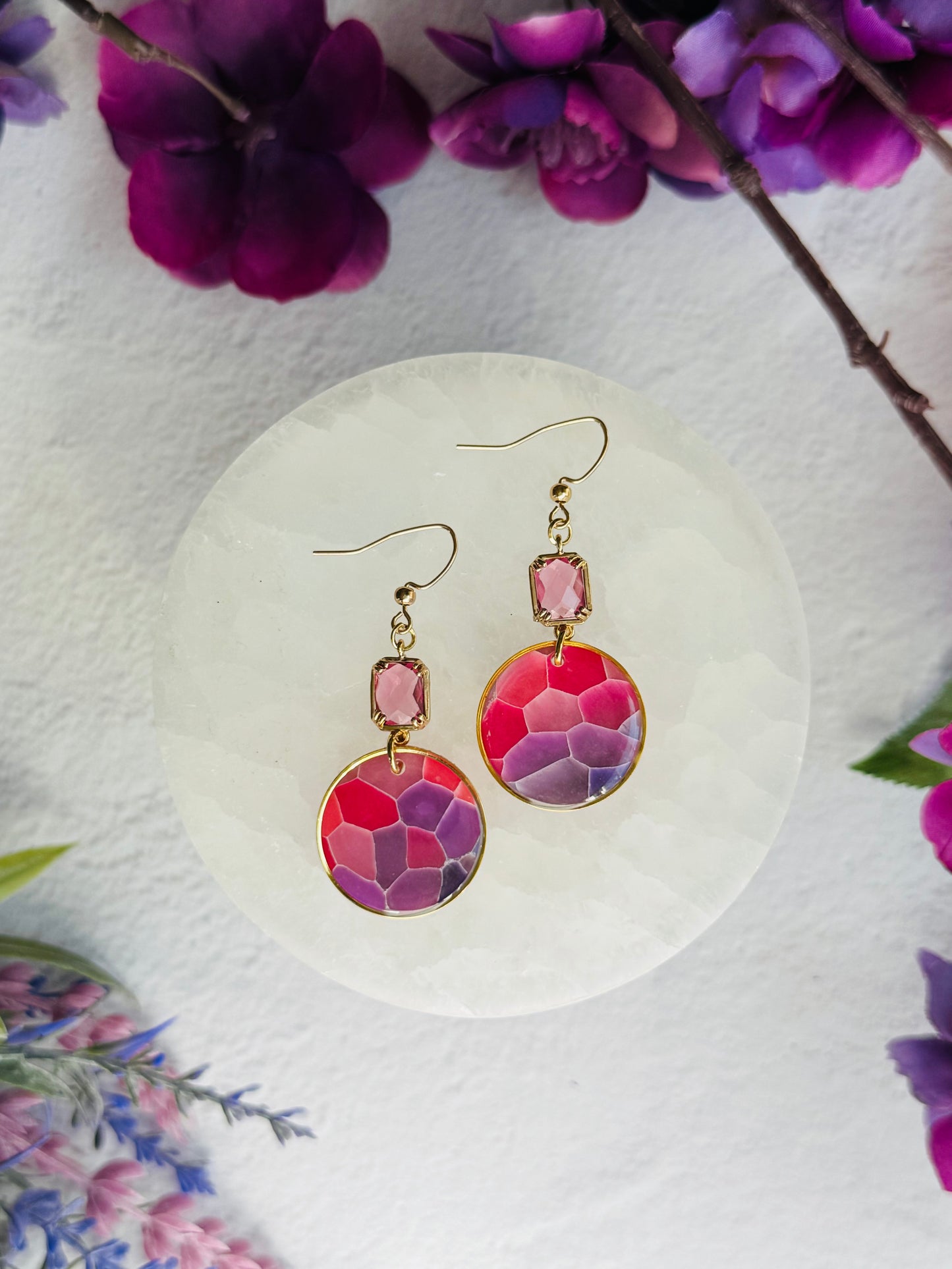 Purple "Stained Glass - Circle Bezel Earrings
