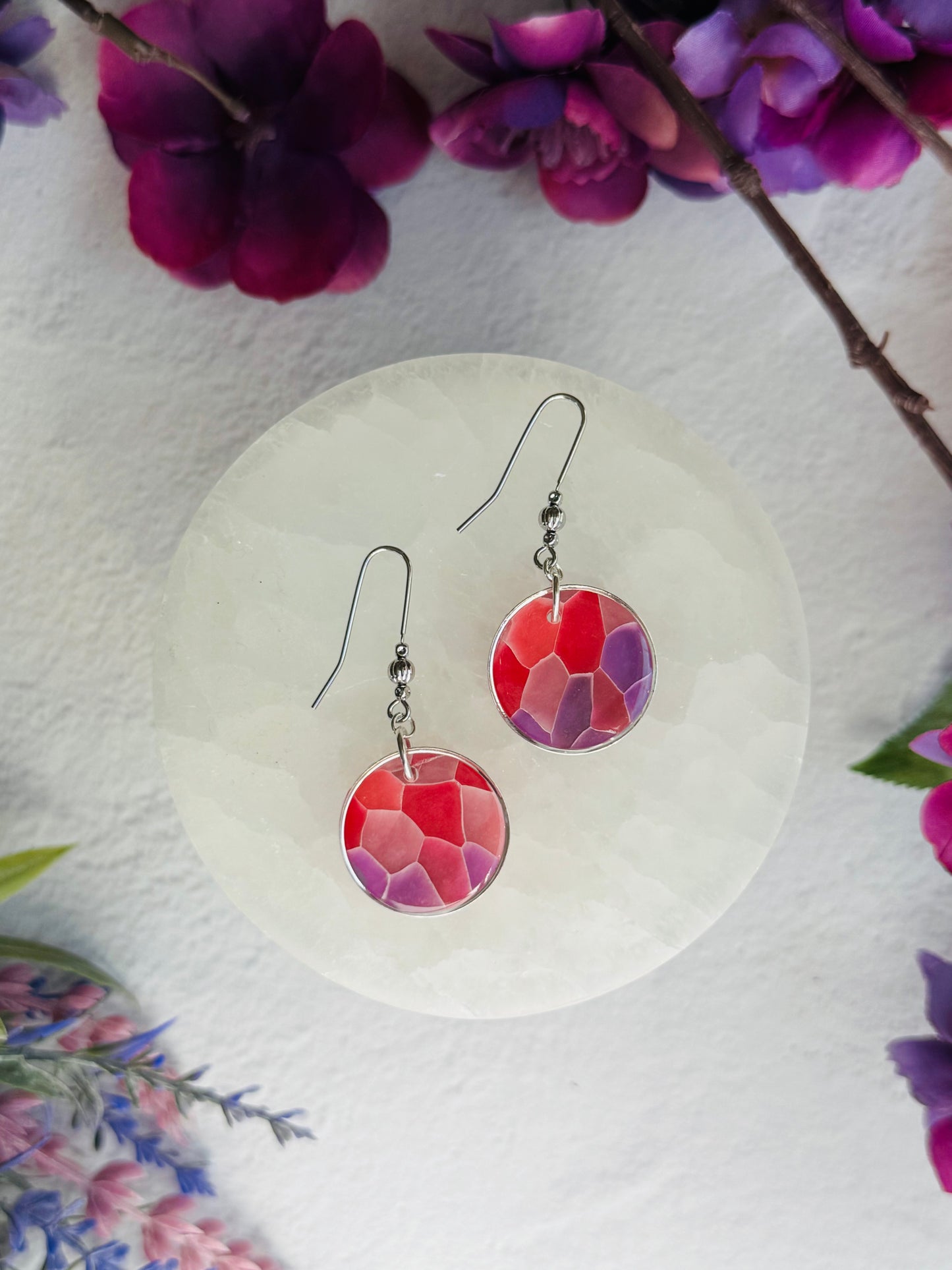Purple "Stained Glass - Circle Bezel Earrings