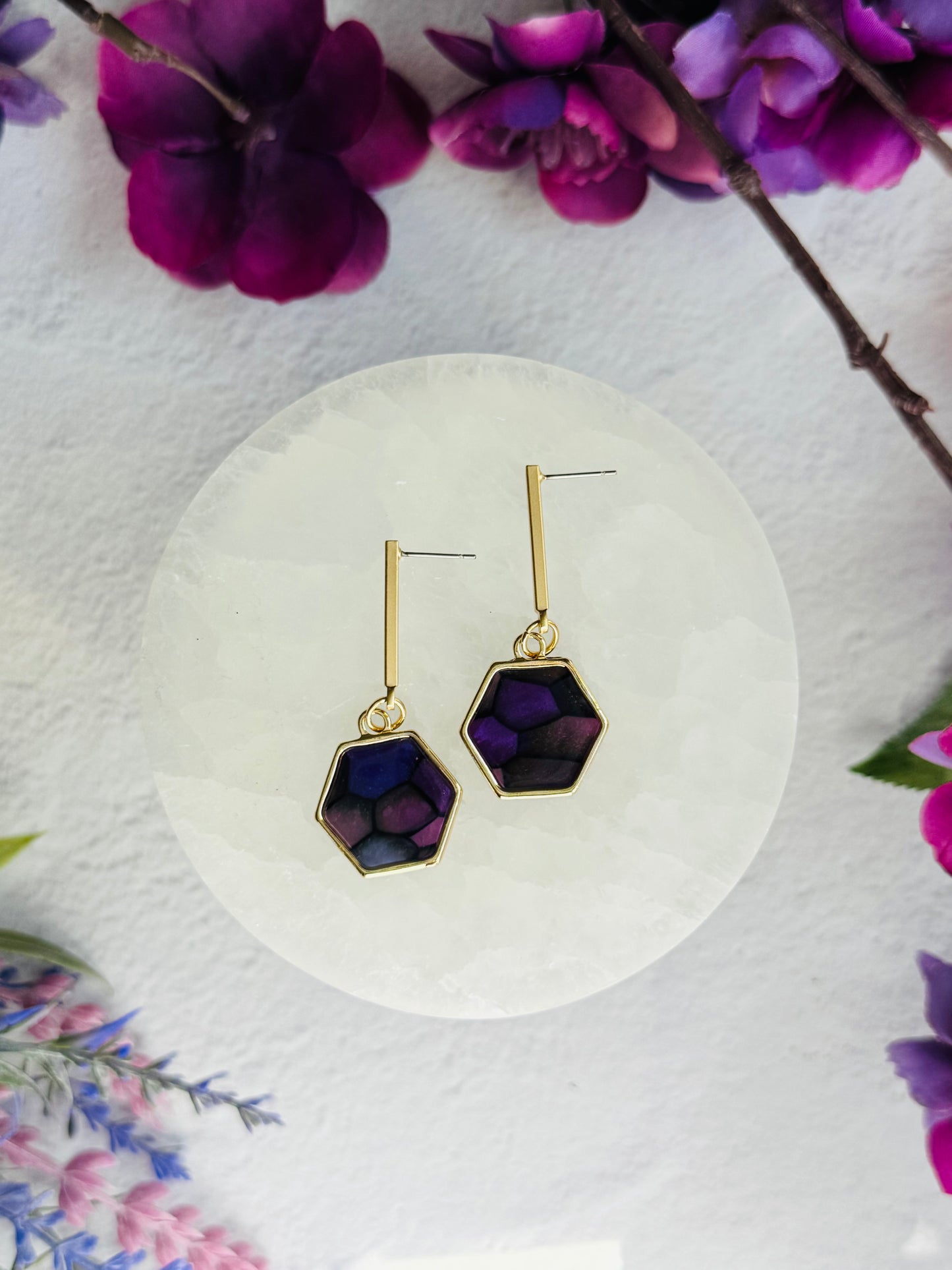 Purple "Stained Glass" - Hexagon & Bar Earring