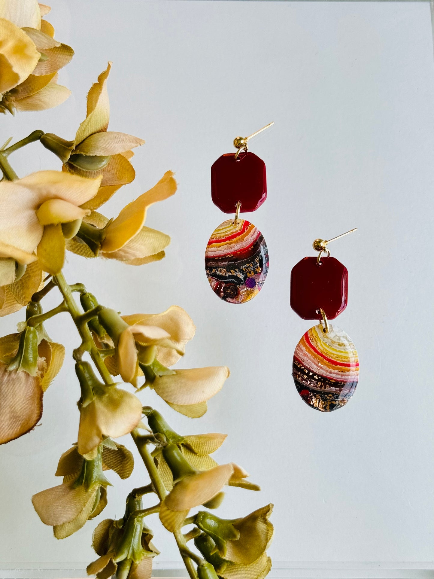 Fire Agate - Oval and Hexagon Earring
