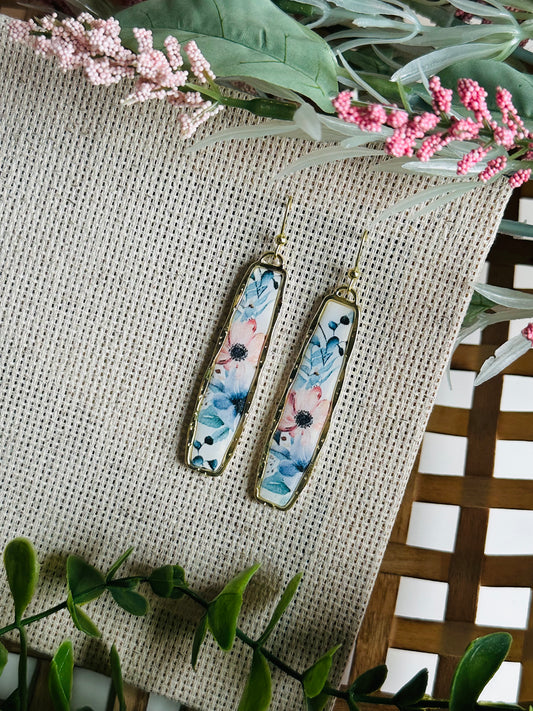 Blue Floral | Oblong Floral Bezel Dangles